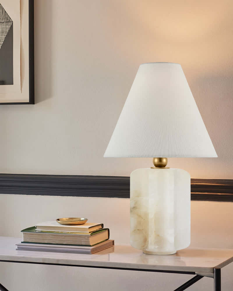 Art Design Arteriors Everly Alabaster Table Lamp Wide 15" with White Linen Fabric Lampshade