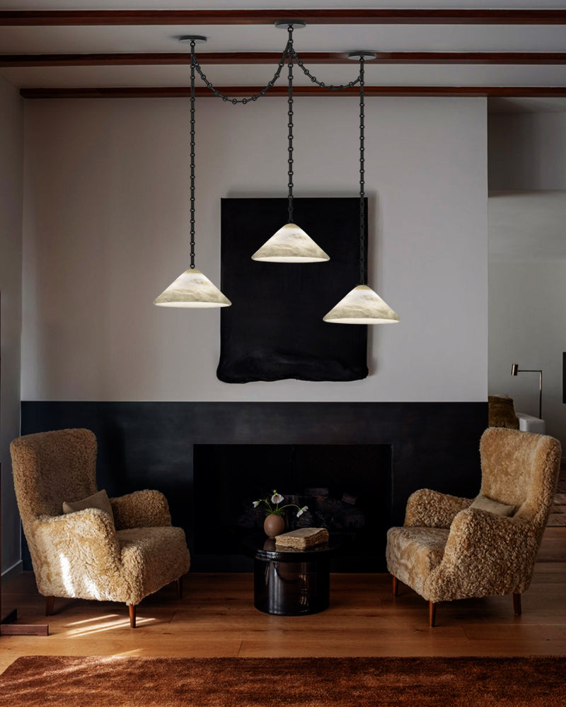Medium 12" Conical Pendant White Alabaster Shade with Adjustable Chain for living room