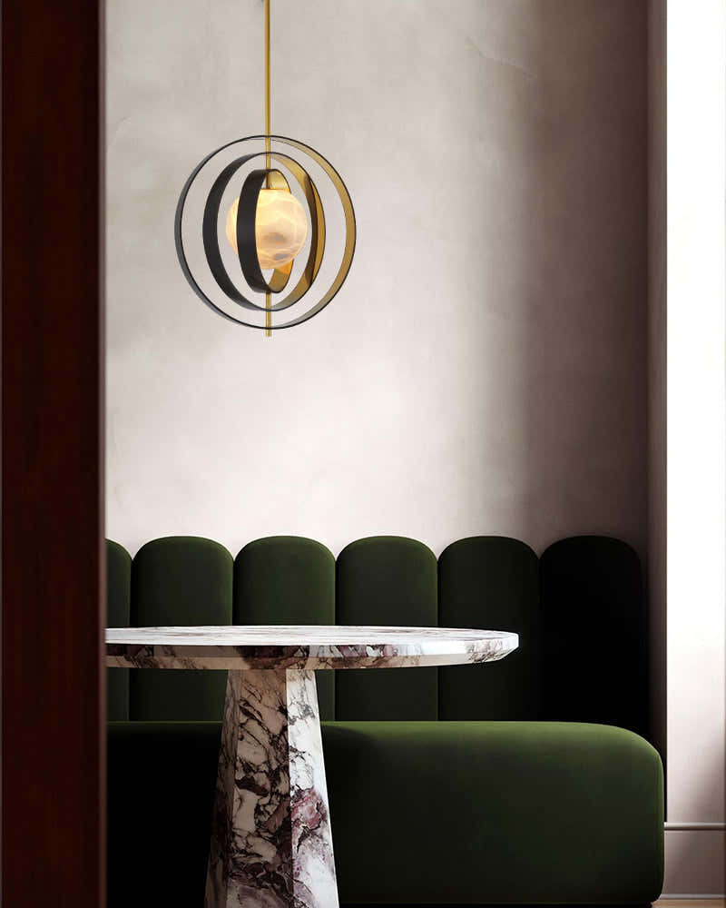 White Alabaster Round Ceiling Pendant Lamp - Gold & Bronze Rotatable Ring