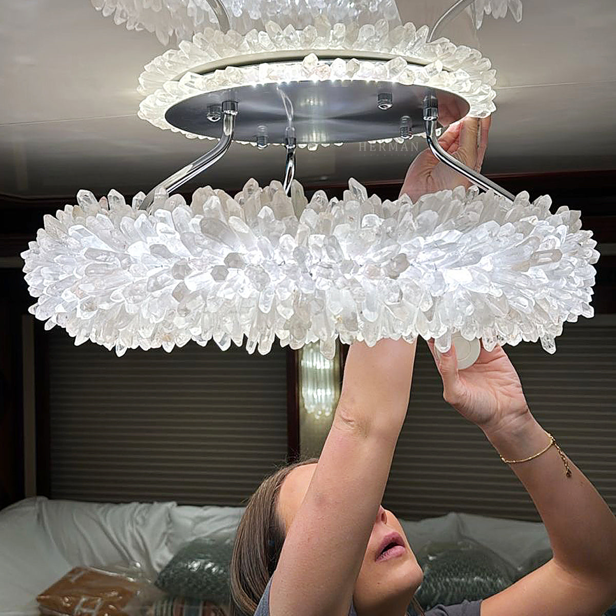 24-47 Inch Round Clear Geode Quartz Crystal Ring Pendant Light Modern Chandelier for Living Room