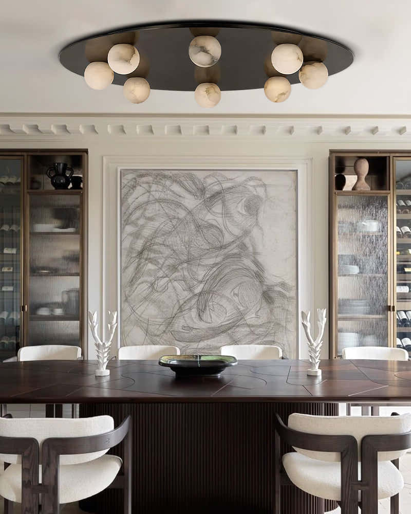 Alabaster Globes LED Disc Pendant Light in Lacquered Brass/Black Stainless Frame