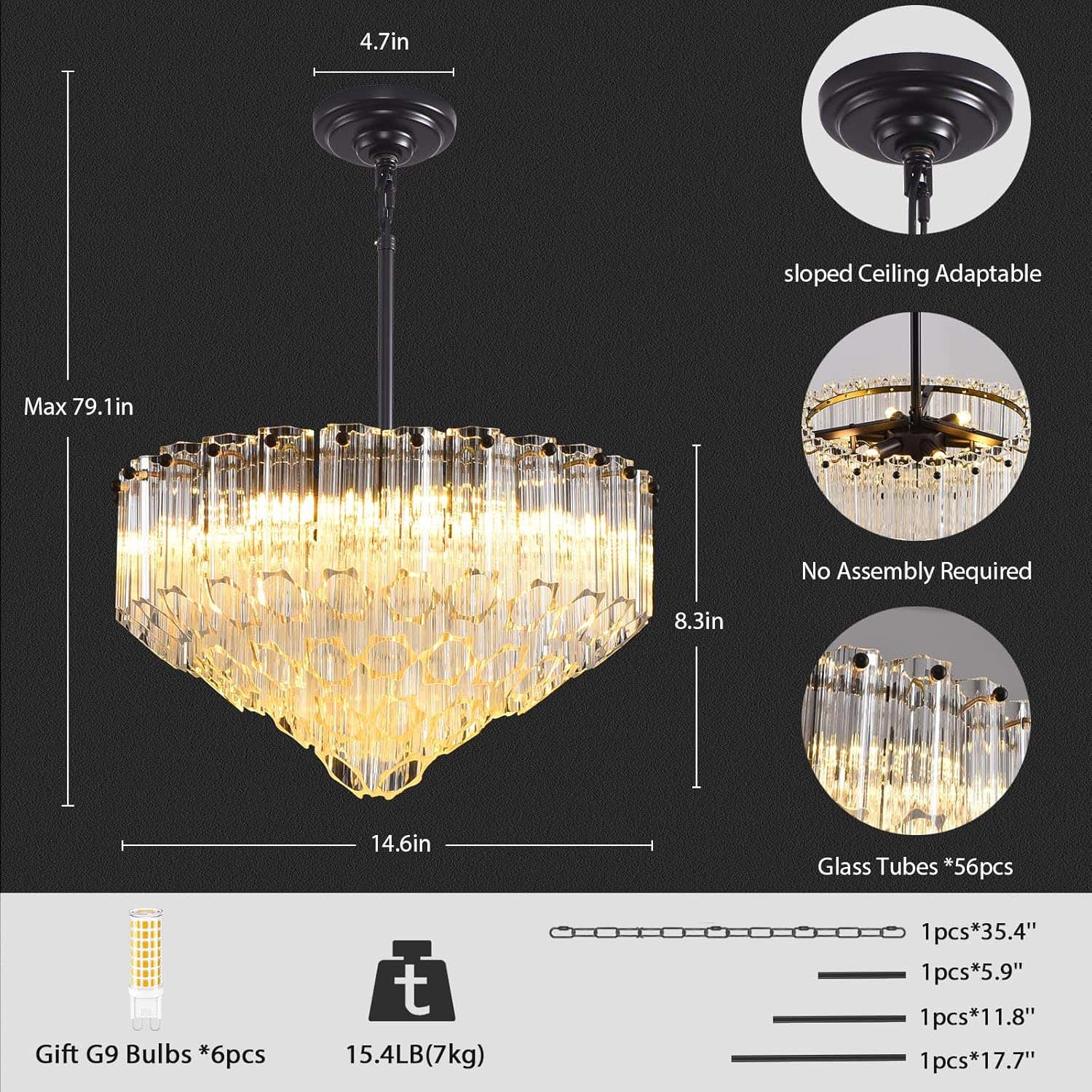 MDEGLYO Modern Amber and Clear Glass Chandelier 14" 32" 43"