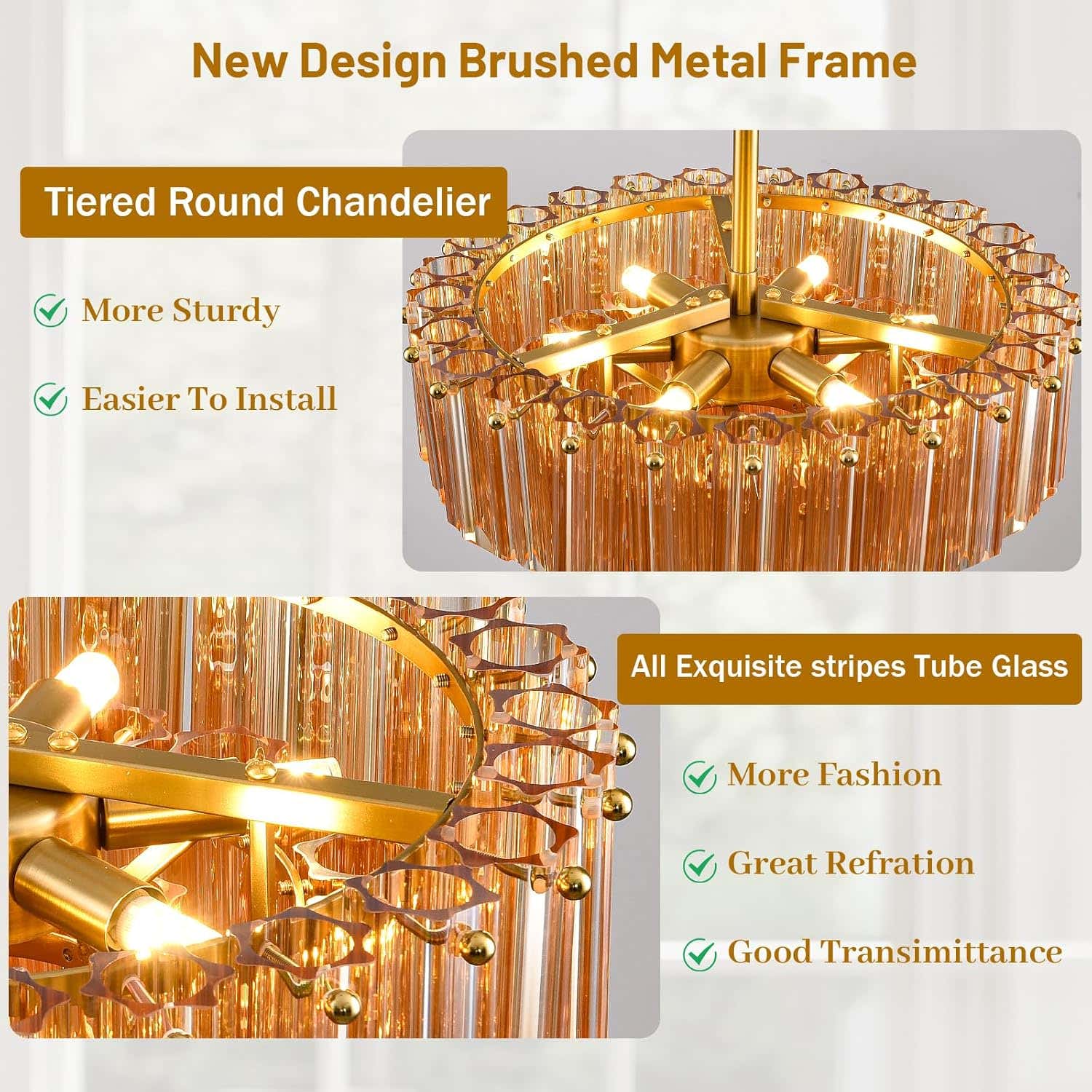 MDEGLYO Modern Amber and Clear Glass Chandelier 14" 32" 43"