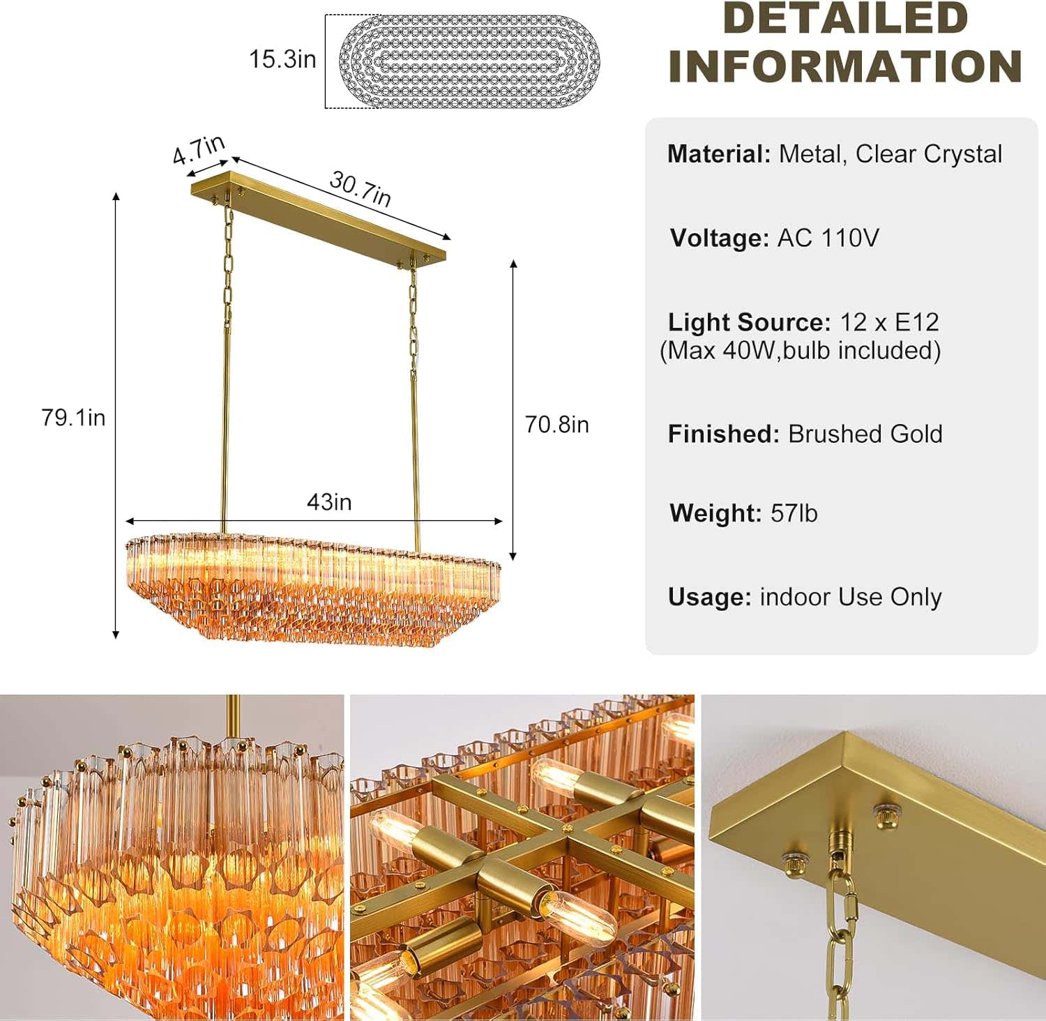 MDEGLYO Modern Amber and Clear Glass Chandelier 14" 32" 43"