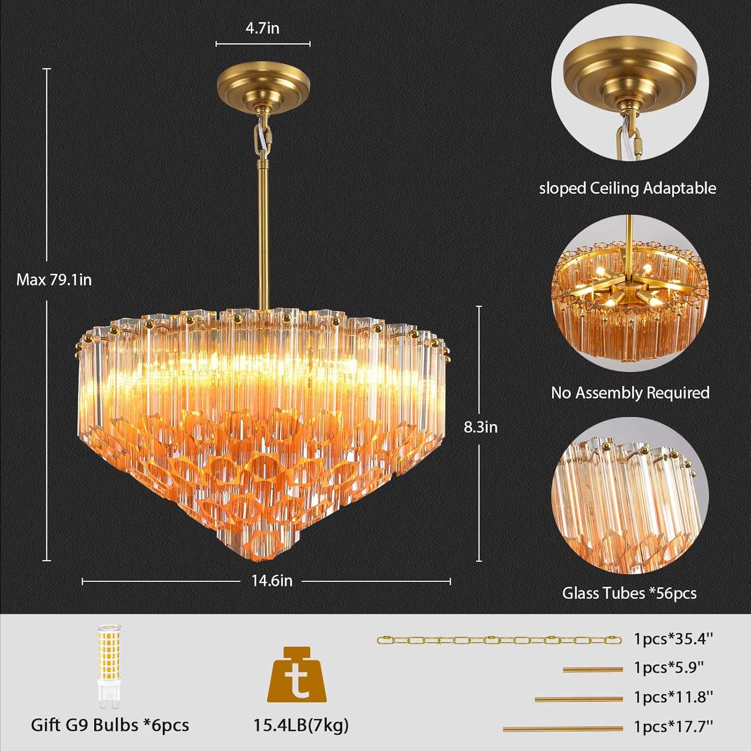 MDEGLYO Modern Amber and Clear Glass Chandelier 14" 32" 43"