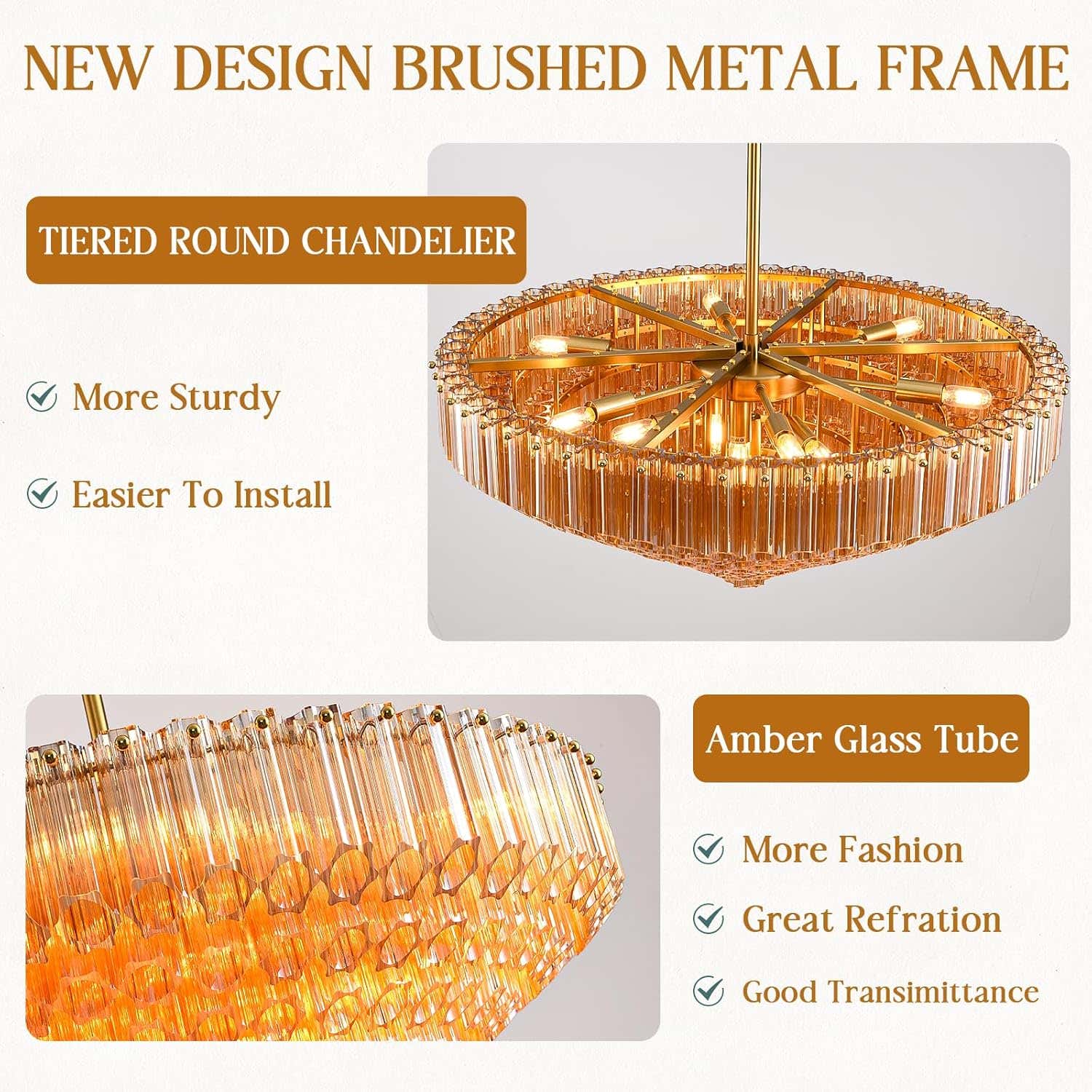 MDEGLYO Modern Amber and Clear Glass Chandelier 14" 32" 43"