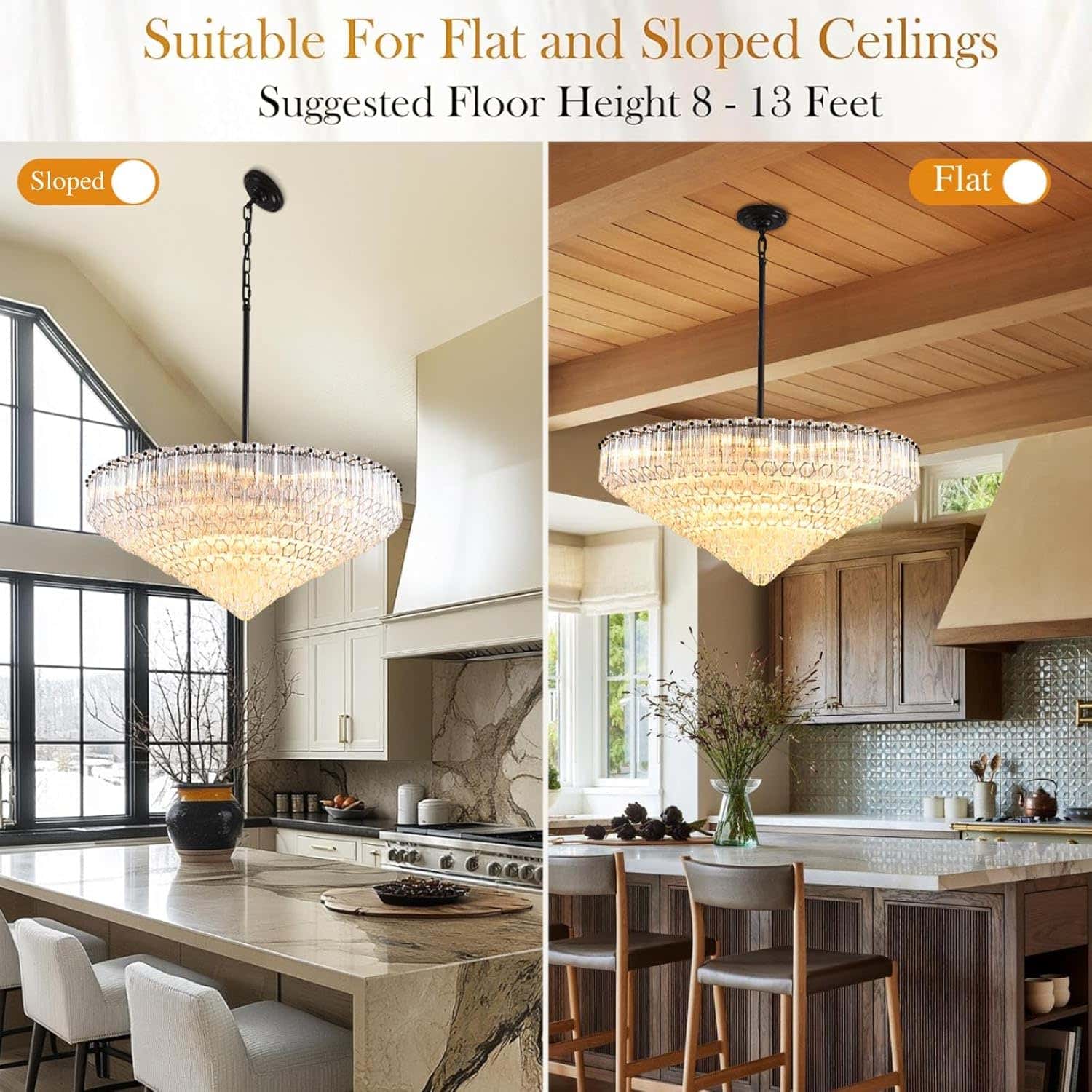 MDEGLYO Modern Amber and Clear Glass Chandelier 14" 32" 43"