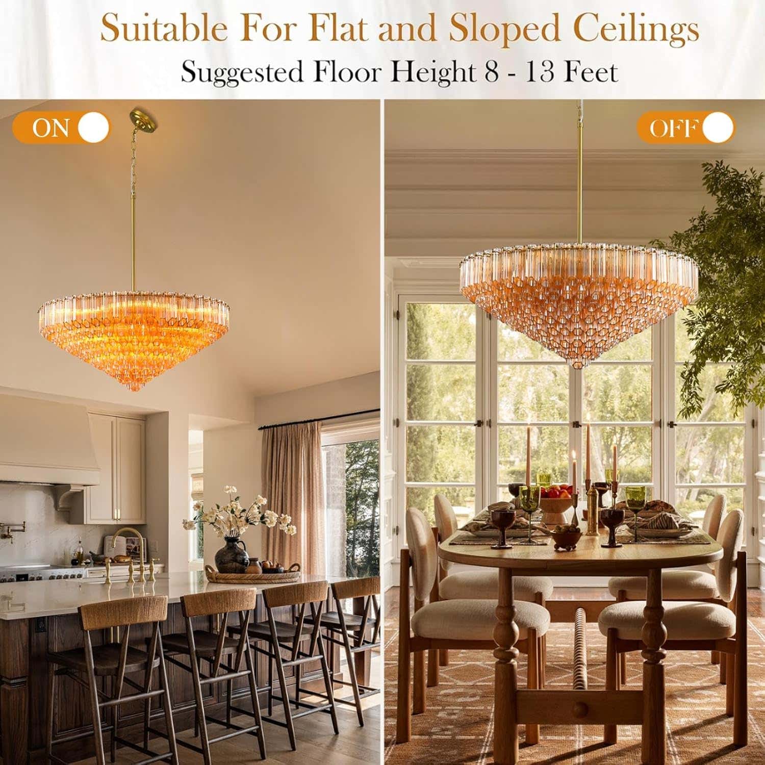 MDEGLYO Modern Amber and Clear Glass Chandelier 14" 32" 43"