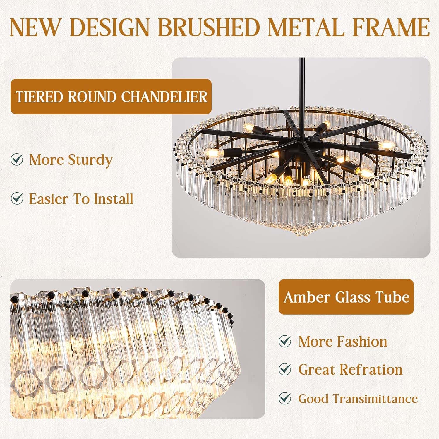 MDEGLYO Modern Amber and Clear Glass Chandelier 14" 32" 43"