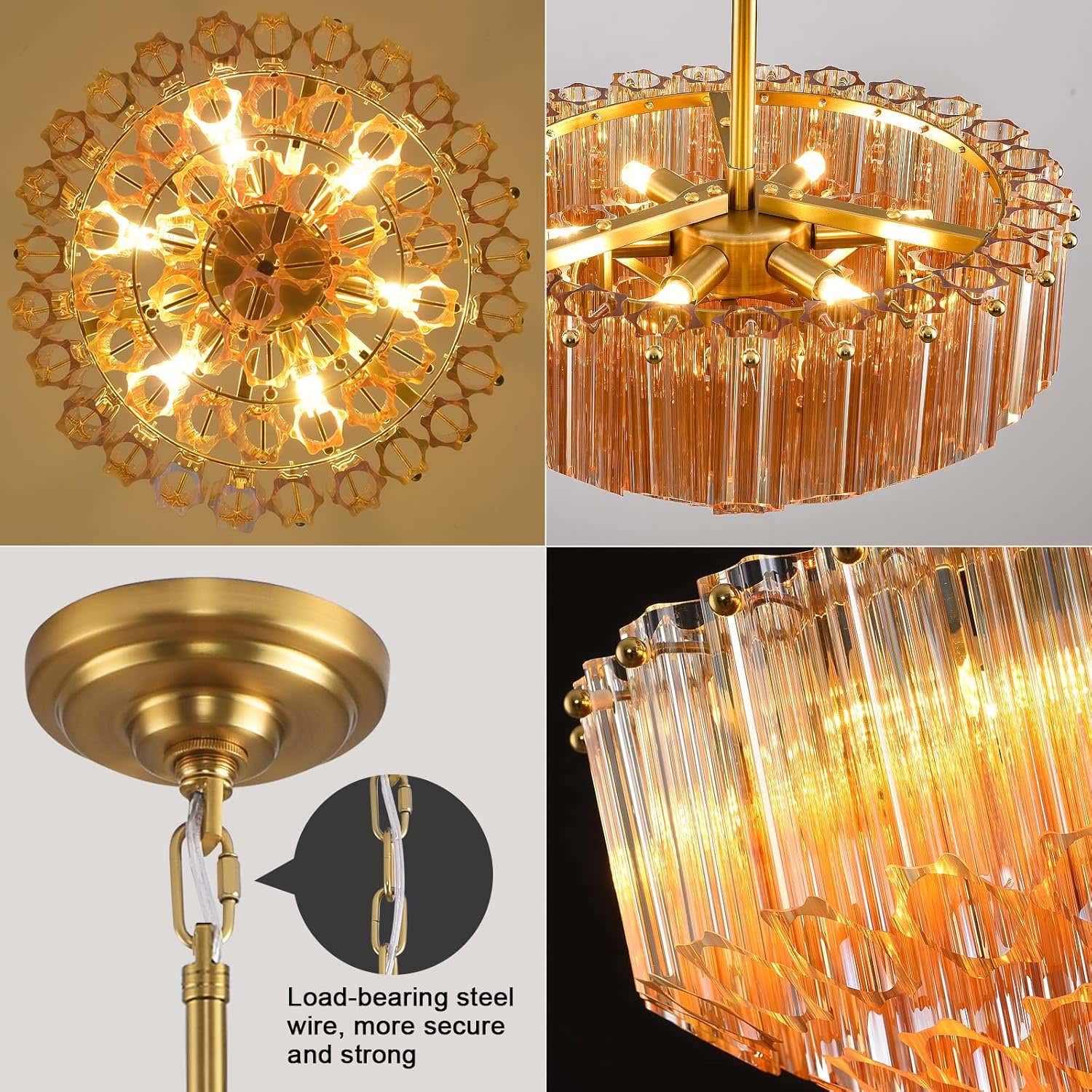 MDEGLYO Modern Amber and Clear Glass Chandelier 14" 32" 43"