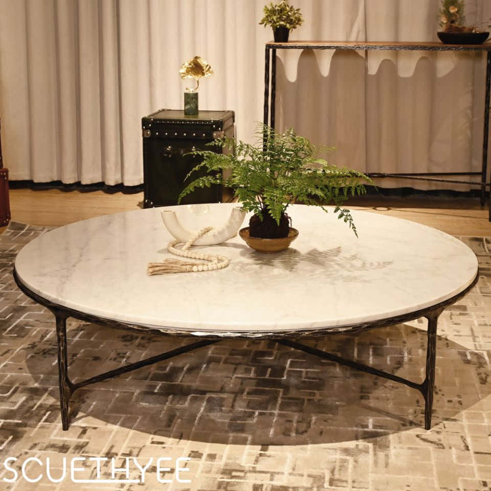 Hand-Forged Metal Marble Round Coffee Table 36" 55"