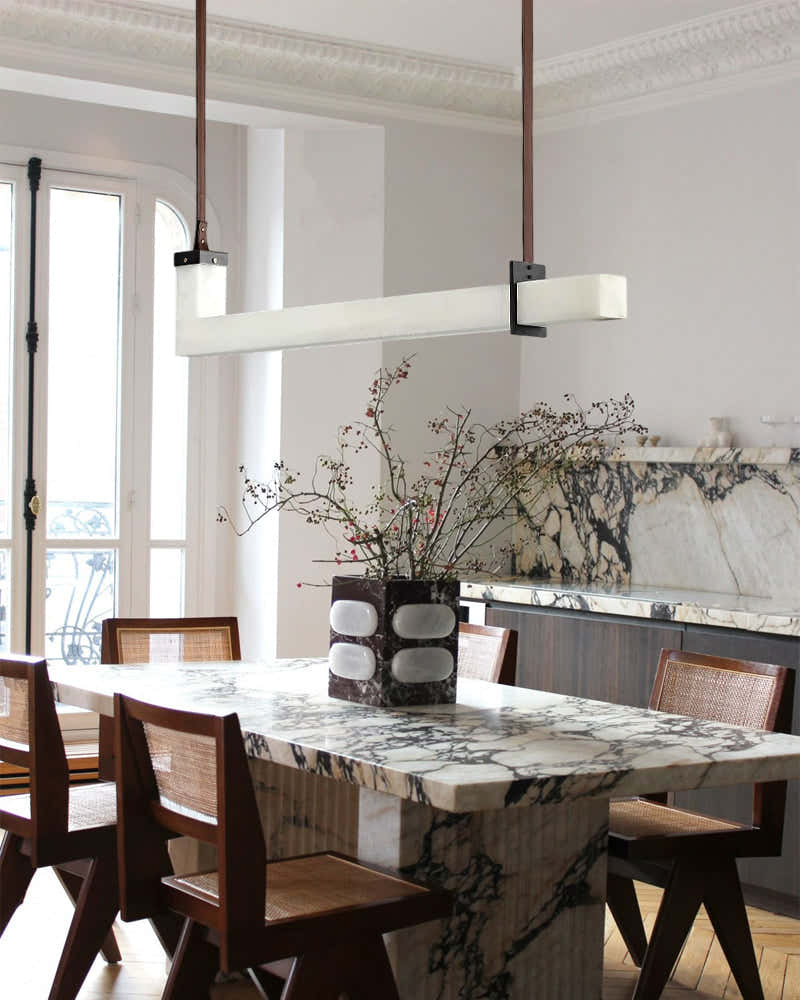 Up & Down Lighting Linear Brown Leather Alabaster Linear Pendant Lights Long 39“ 47”