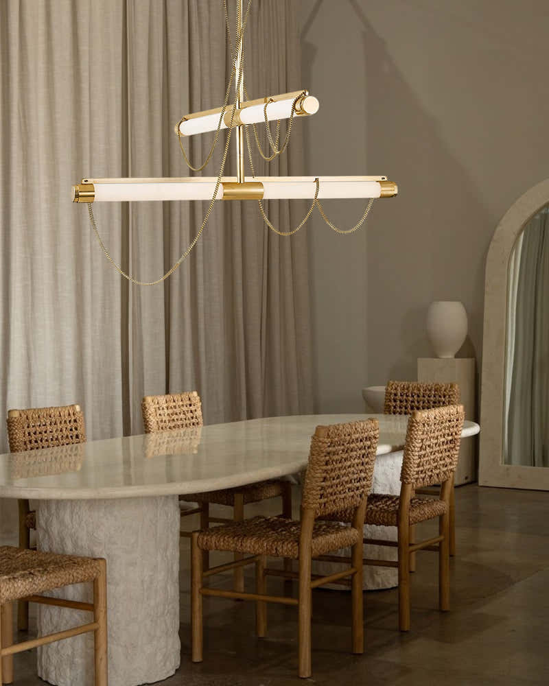 LED Tubular Alabaster Shades Ceiling Pendant Lamp 49" with long chains | Brass