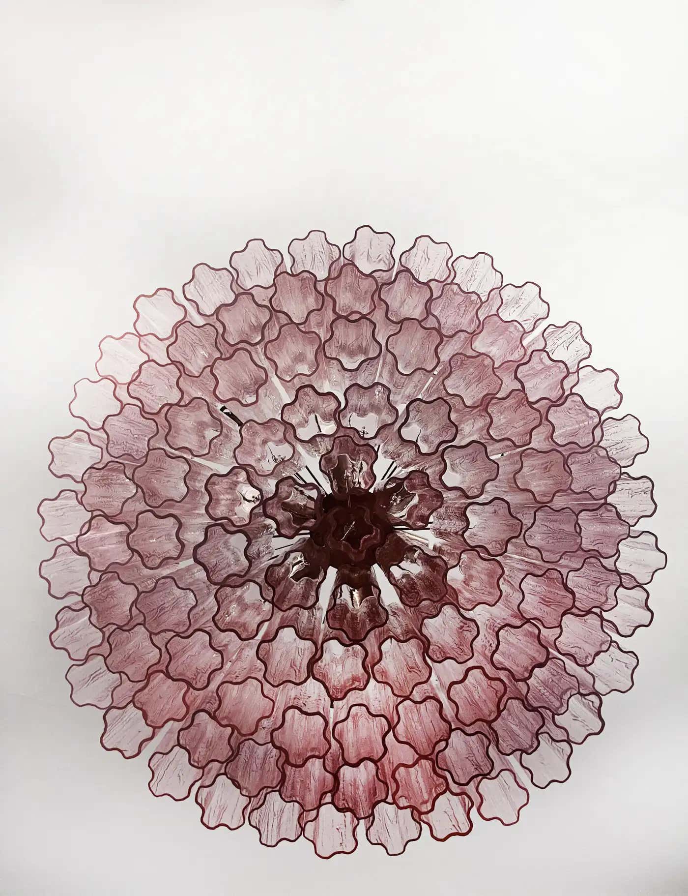 Pair Magnificent Murano Glass Chandeliers, 101 Pink Tube Glasses