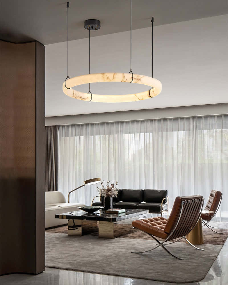 Black Metal Modern Round Ring Alabaster Pendant Light, Width 3.15"