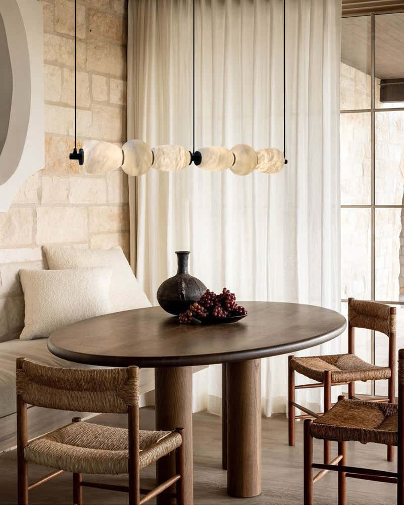 Modern Linear White Alabaster Solid Ball Thread Synthetic Shade Hanging Light for Dining