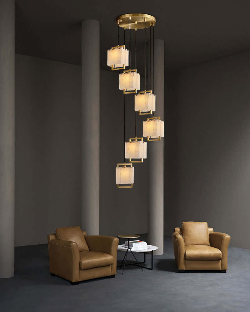 Elegant Cluster Alabaster Dome Suspension Light Lacquered Burnished Brass for hallway