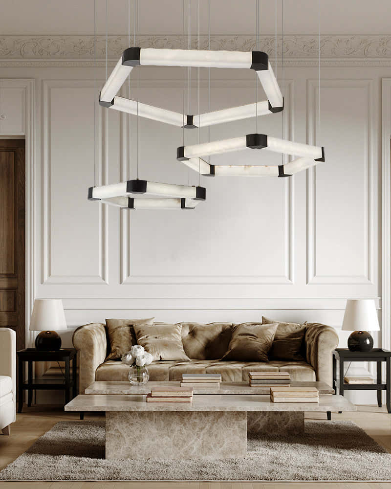 Ring lamps on string suspension in the form of pentagons made of Spani ...