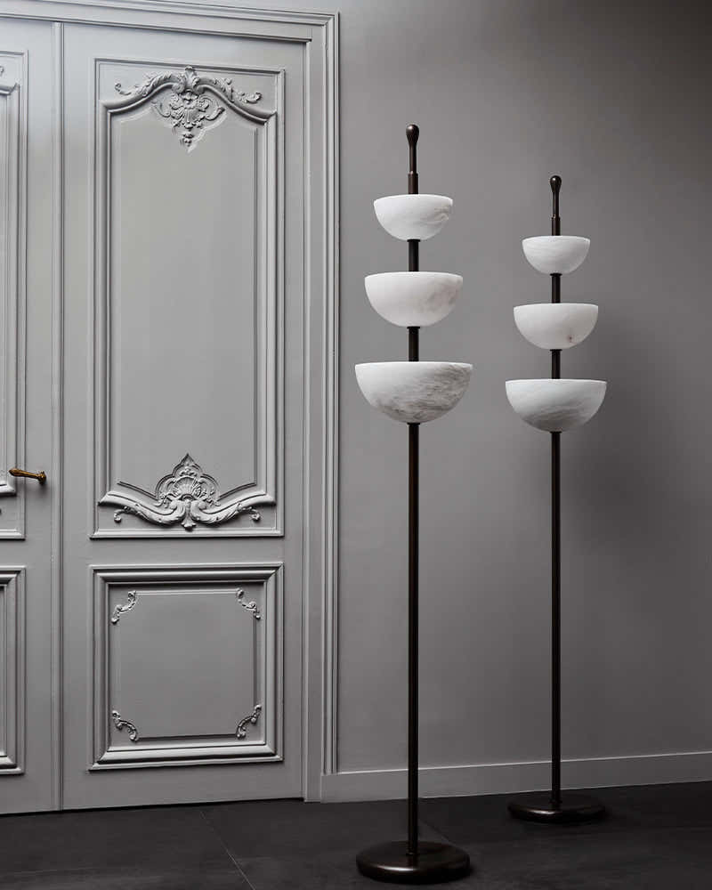 LED Bronze and Alabaster Triple Bowl Tall Floor Lamp 76in