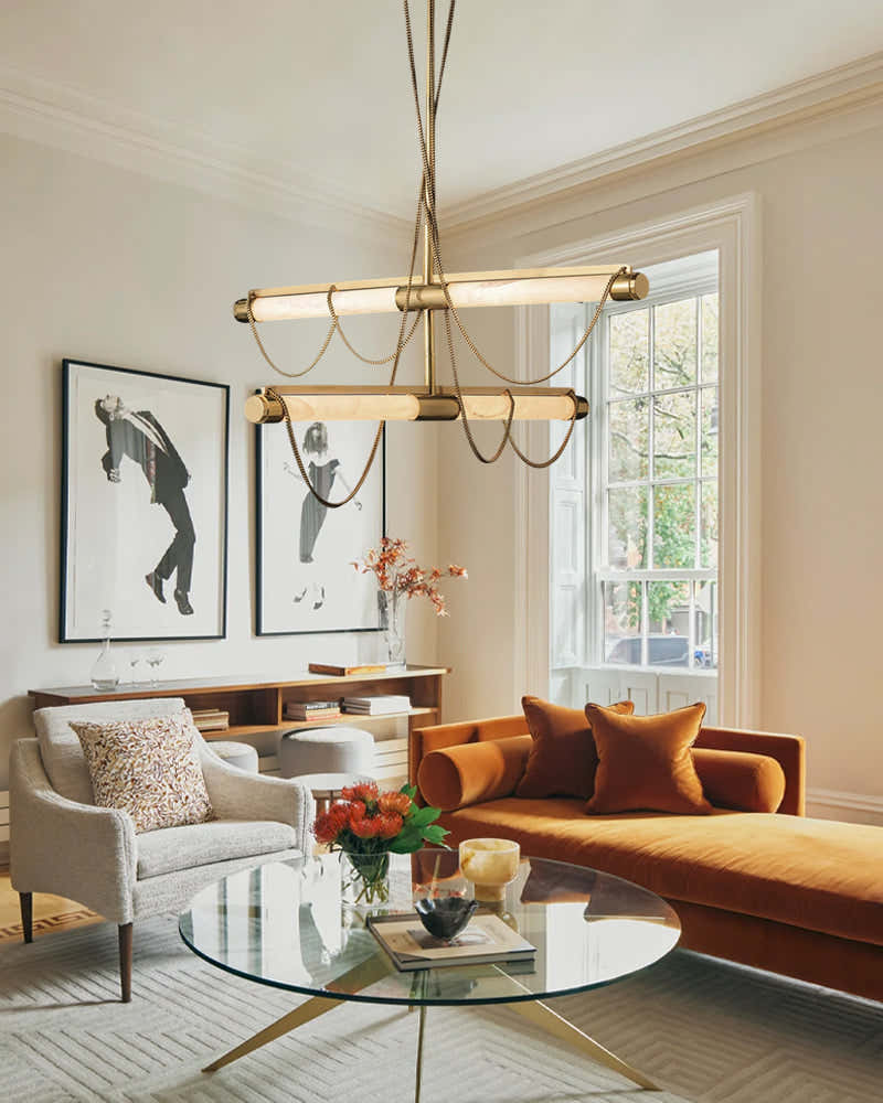 LED Tubular Alabaster Shades Ceiling Pendant Lamp 49" with long chains | Brass