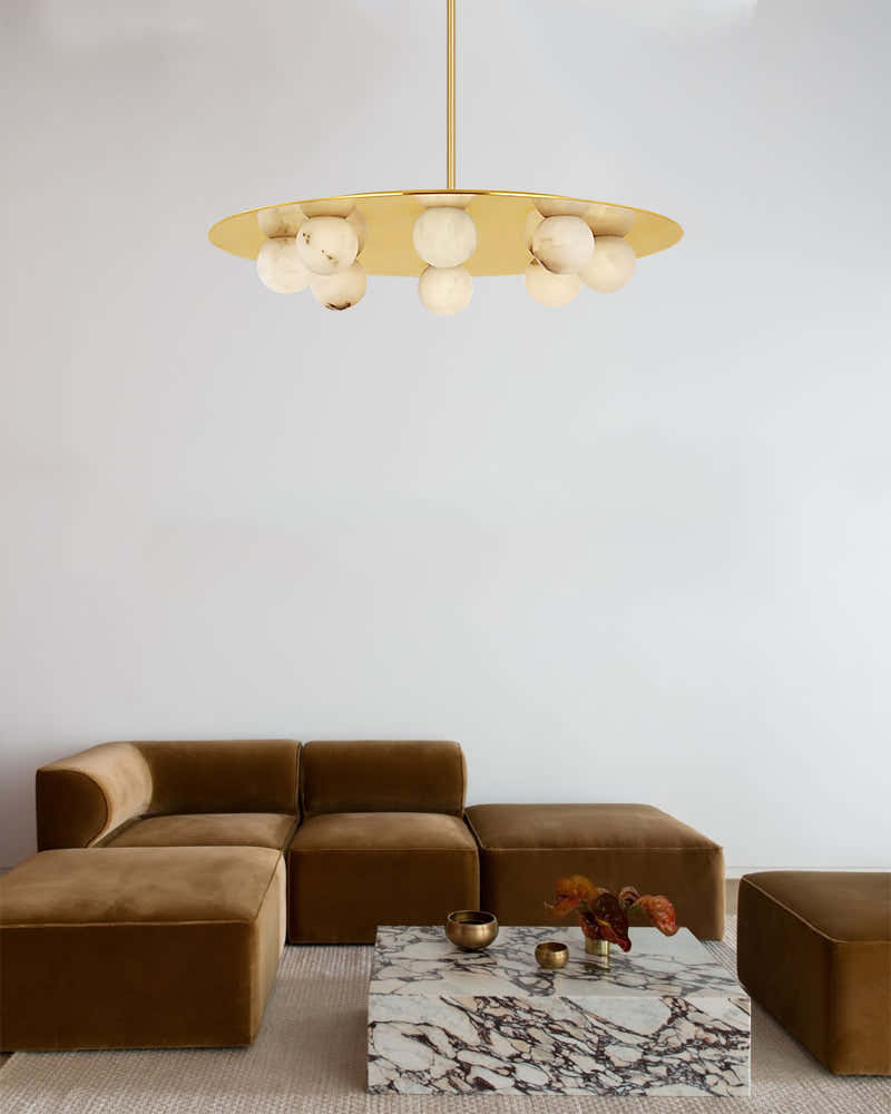 Alabaster Globes LED Disc Pendant Light in Lacquered Brass/Black Stainless Frame