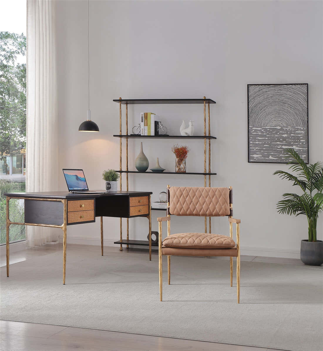 Hand-Forged Metal Retro Brass Iron Frame Rattan Desk