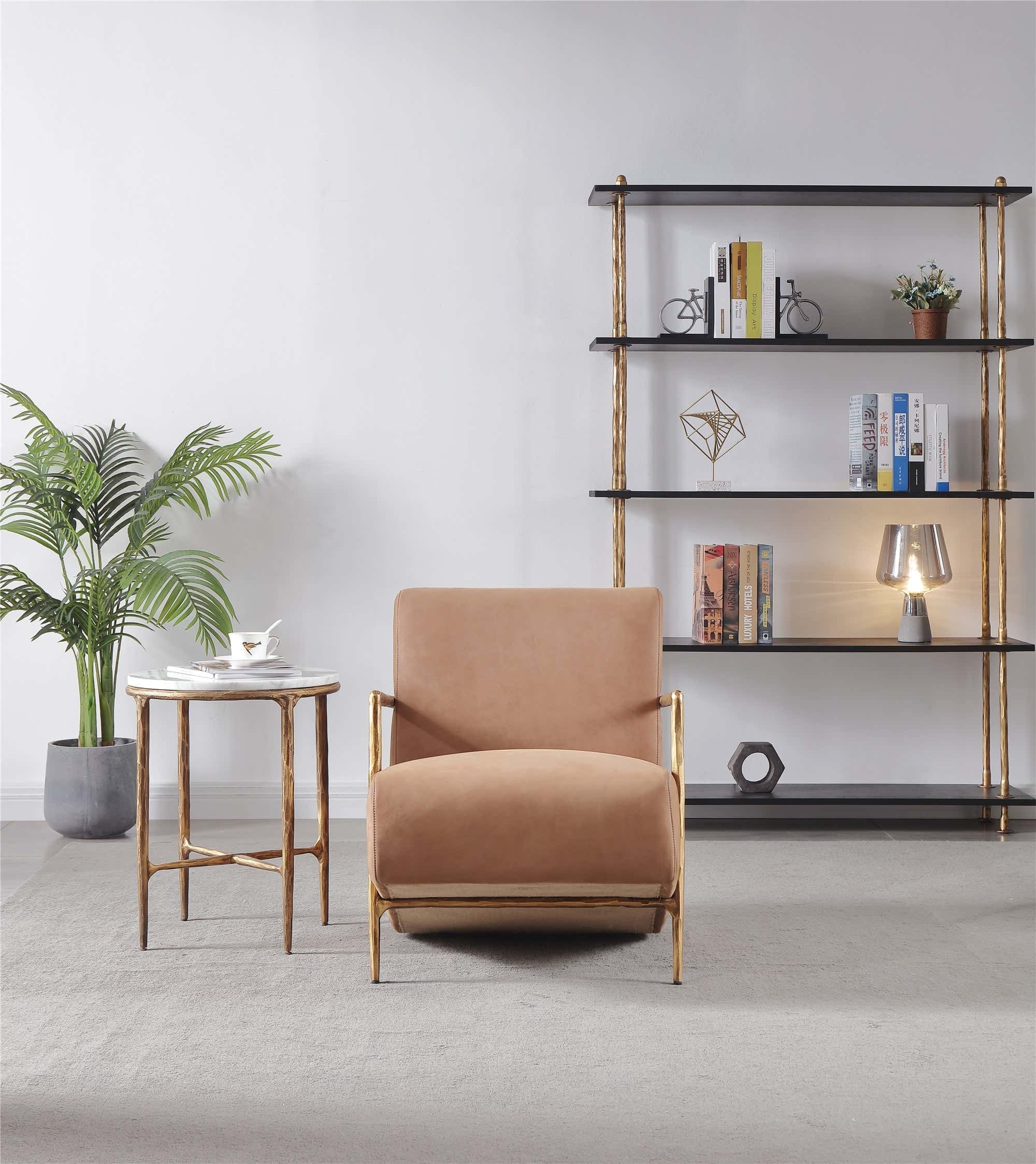 Hand-Forged Metal Genuine Brown Leather Accent Chair