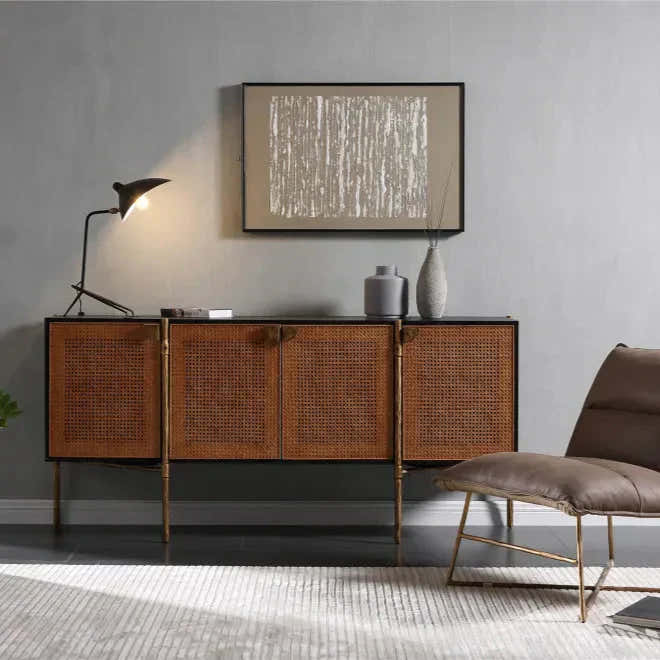 Hand-Forged Metal Metal Frame Rattan Long Side Cabinet