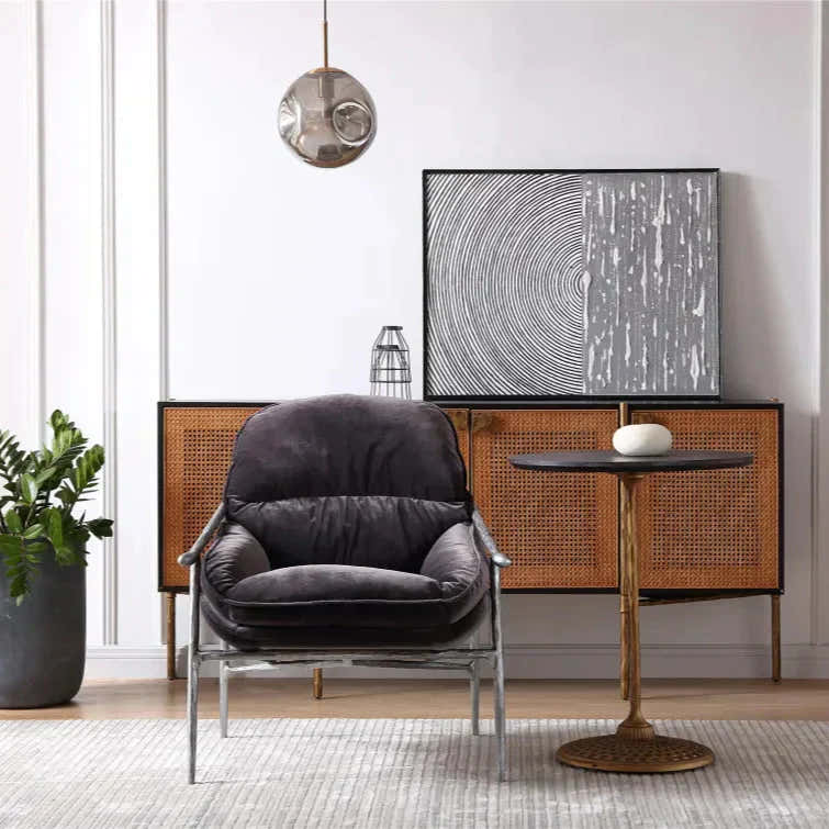 Hand-Forged Metal Metal Frame Rattan Long Side Cabinet