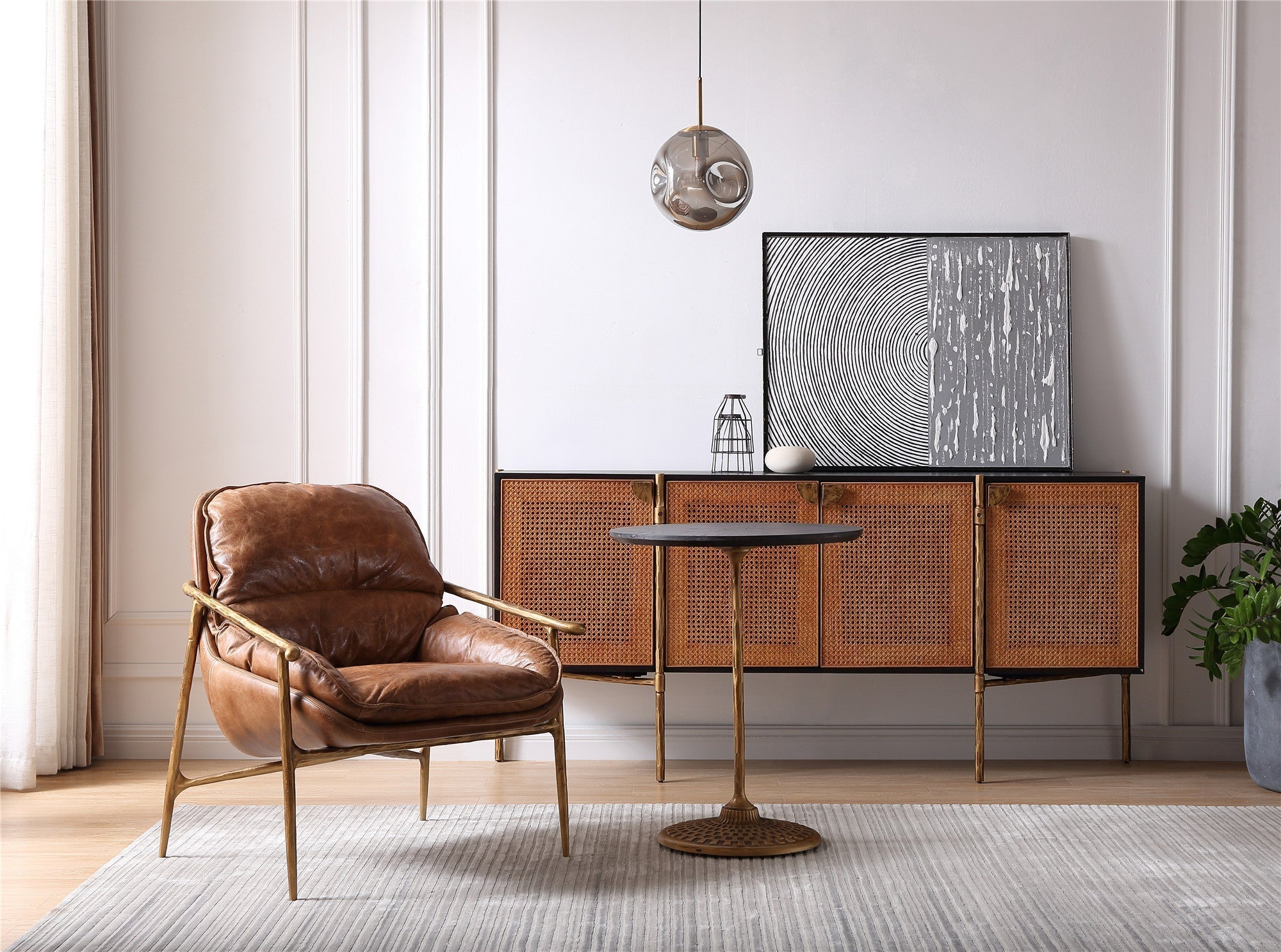 Hand-Forged Metal Brown Leather Accent Chairs