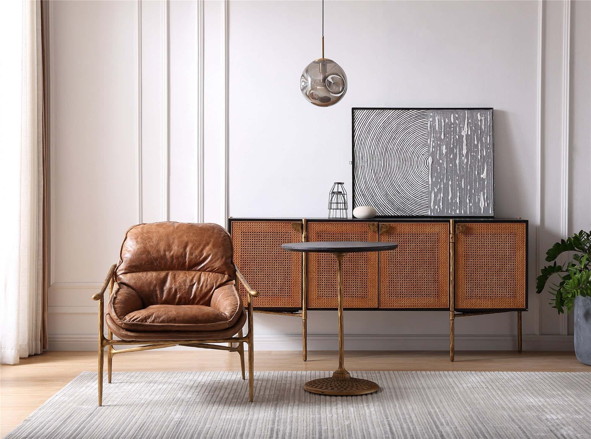 Hand-Forged Metal Brown Leather Accent Chairs