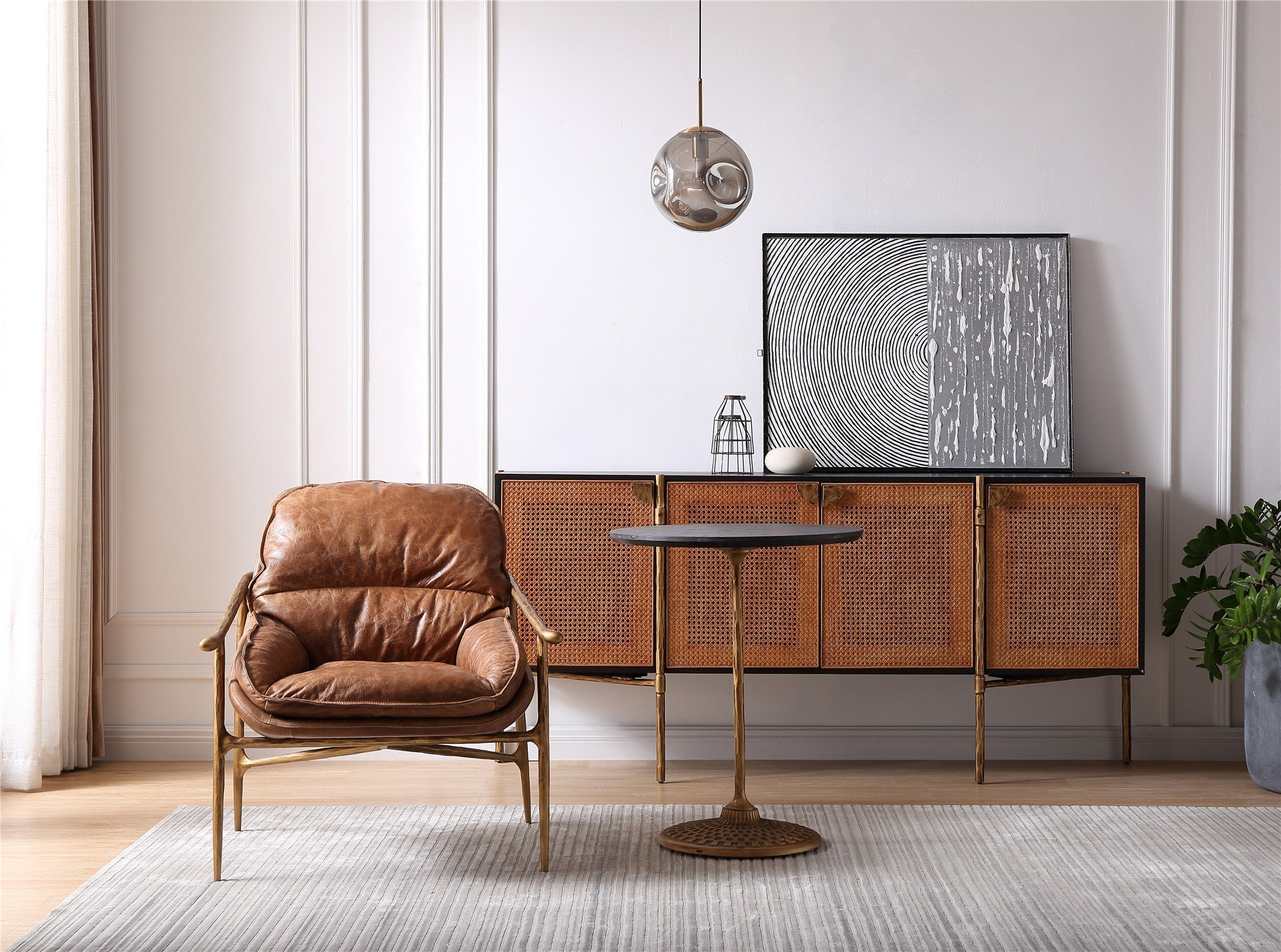 Hand-Forged Metal Brown Leather Accent Chairs