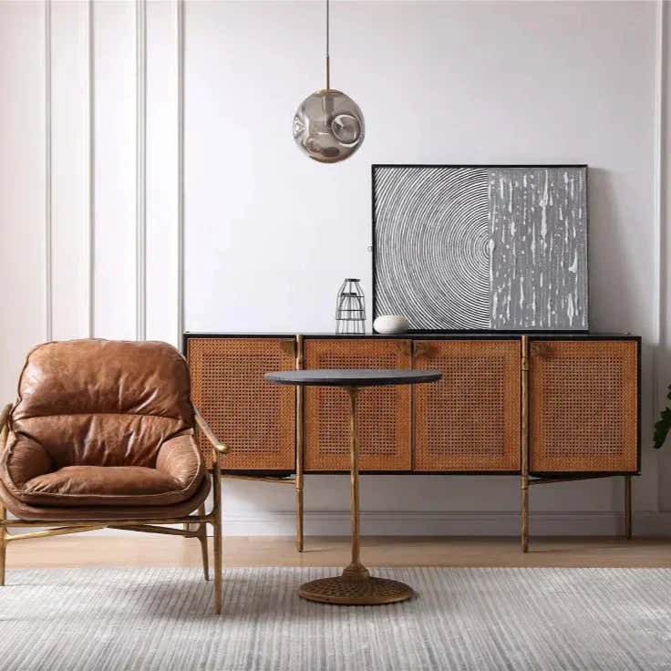 Hand-Forged Metal Metal Frame Rattan Long Side Cabinet