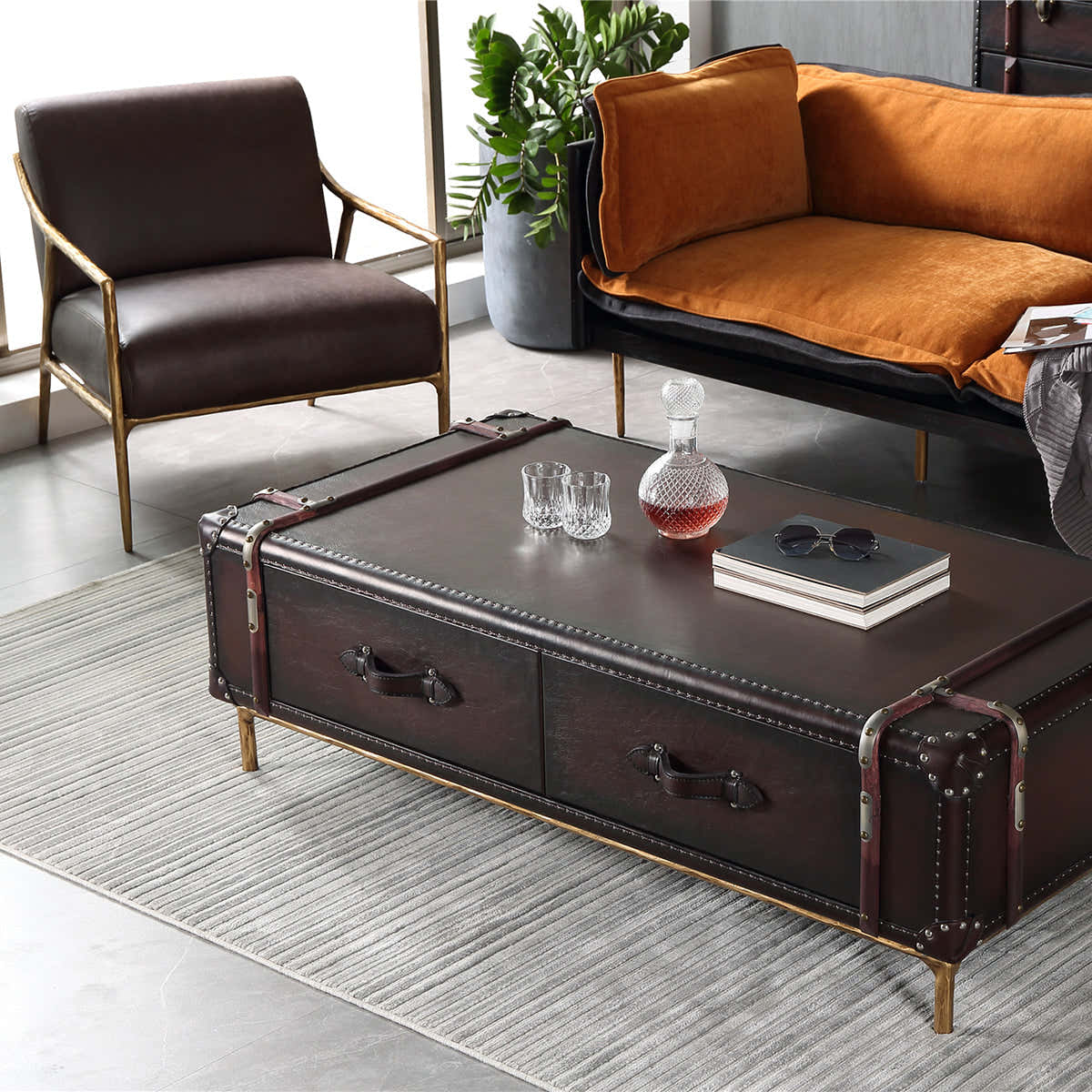 Hand-Forged Metal Brown Leather Accent Chair