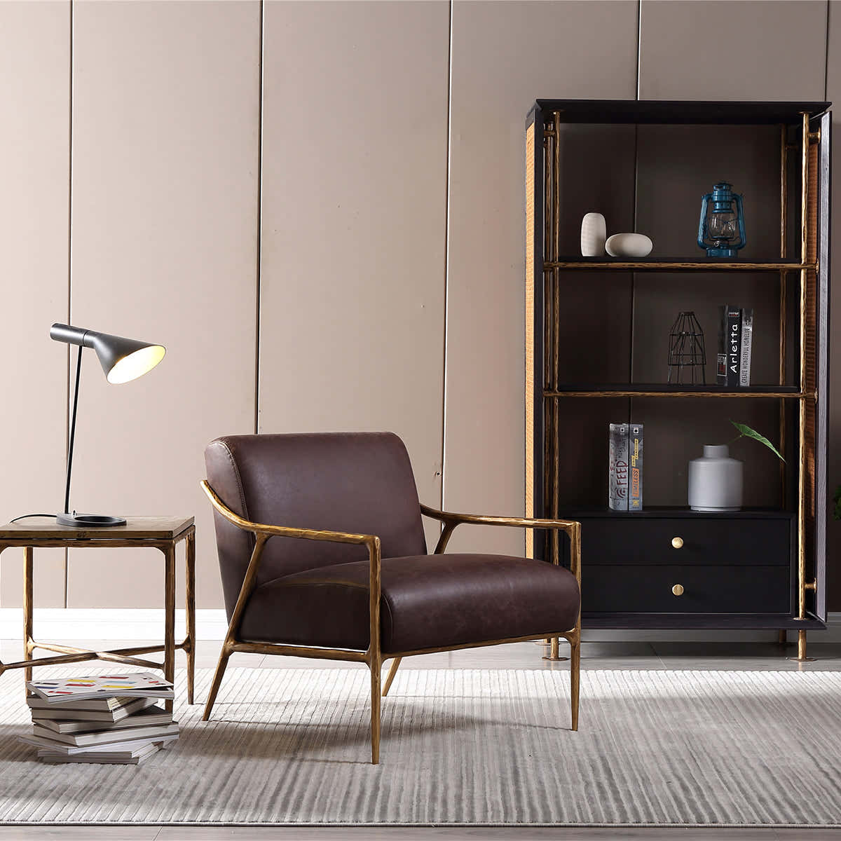Hand-Forged Metal Brown Leather Accent Chair