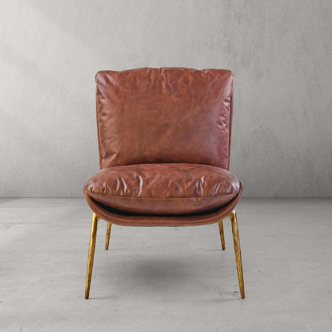 Hand-Forged Metal Vintage Leather Armrest Lounge Chair