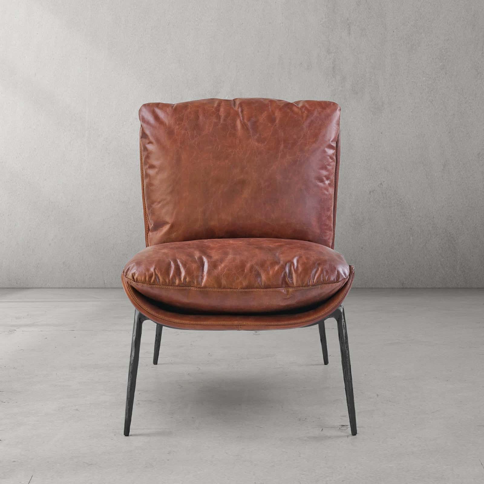 Hand-Forged Metal Vintage Leather Armrest Lounge Chair