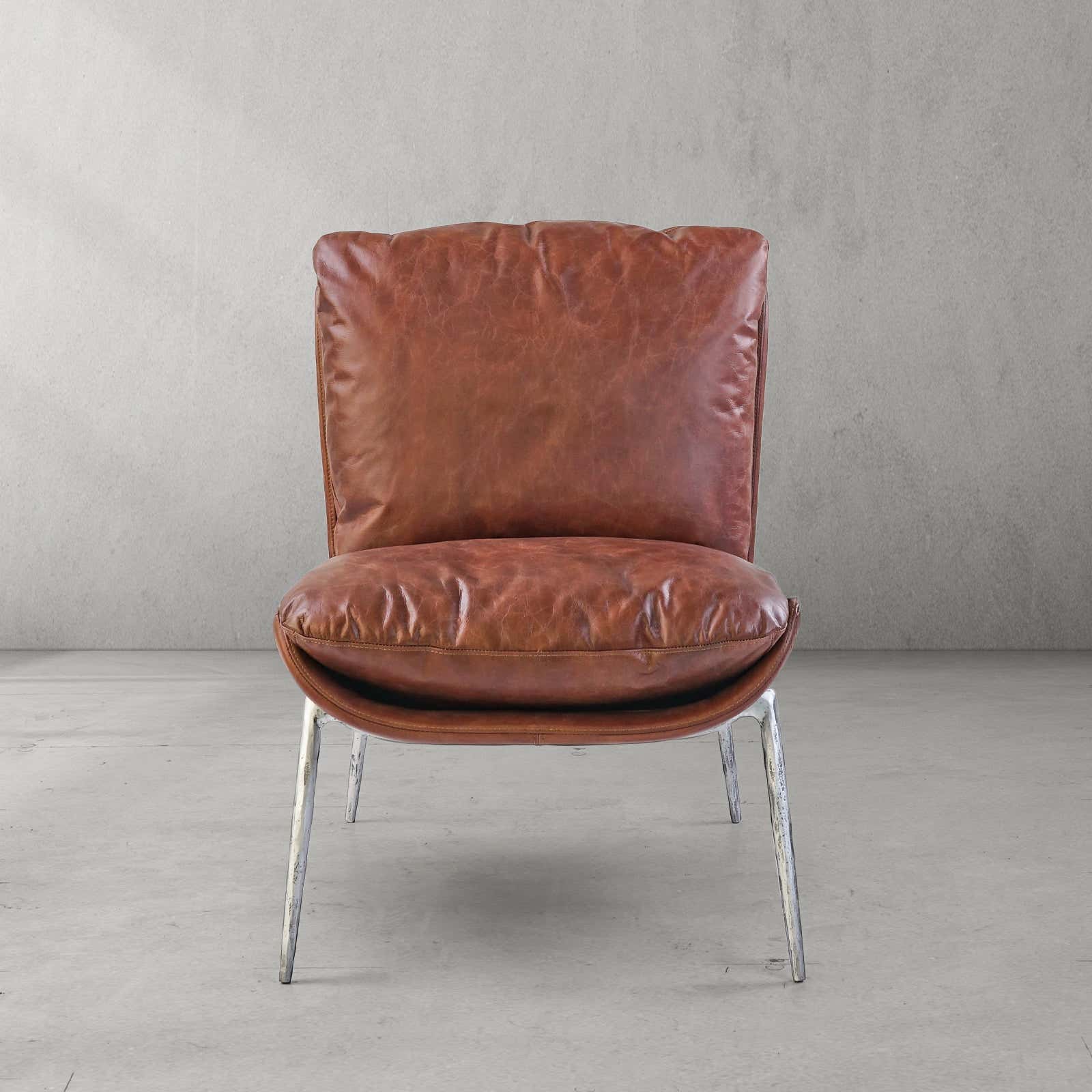 Hand-Forged Metal Vintage Leather Armrest Lounge Chair