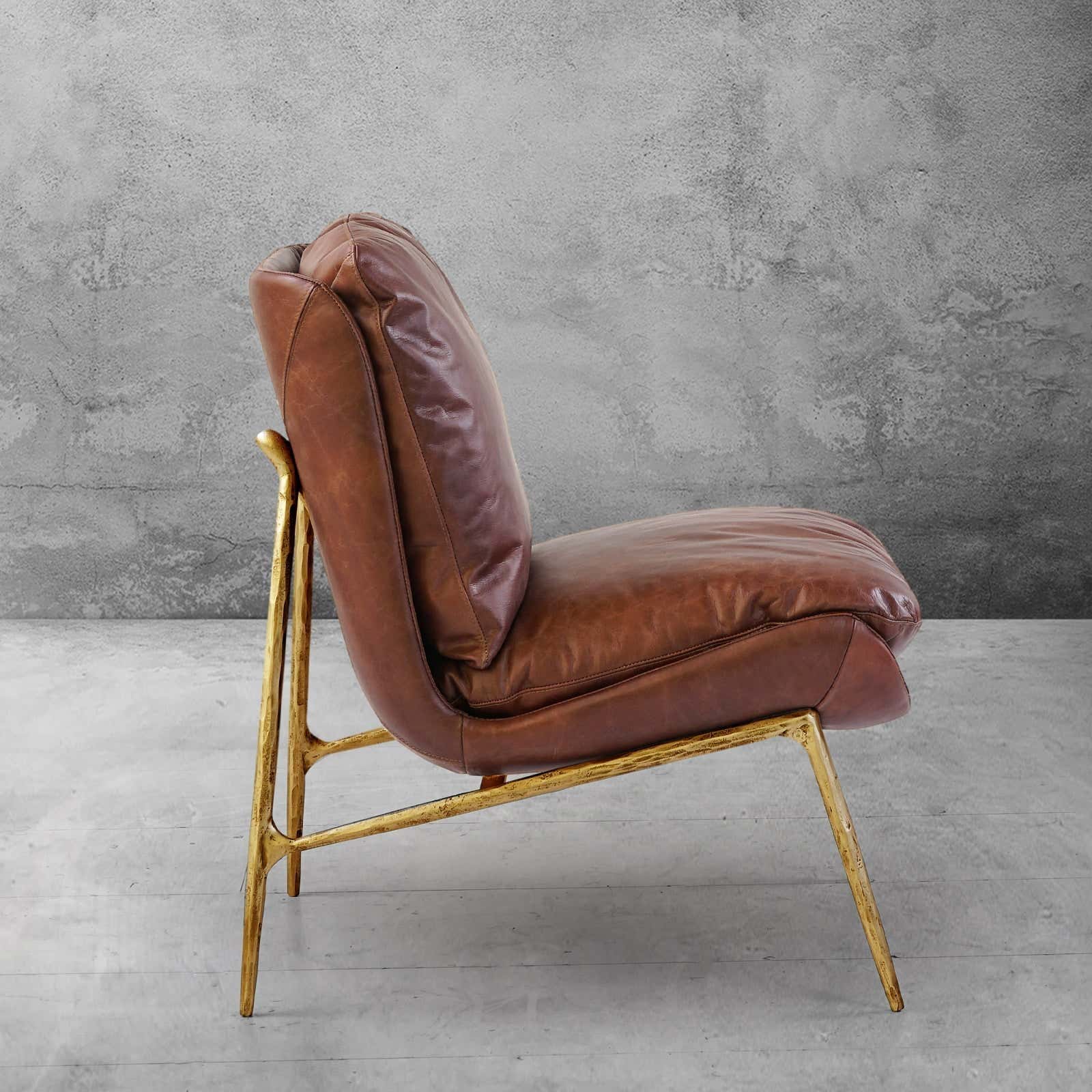 Hand-Forged Metal Vintage Leather Armrest Lounge Chair
