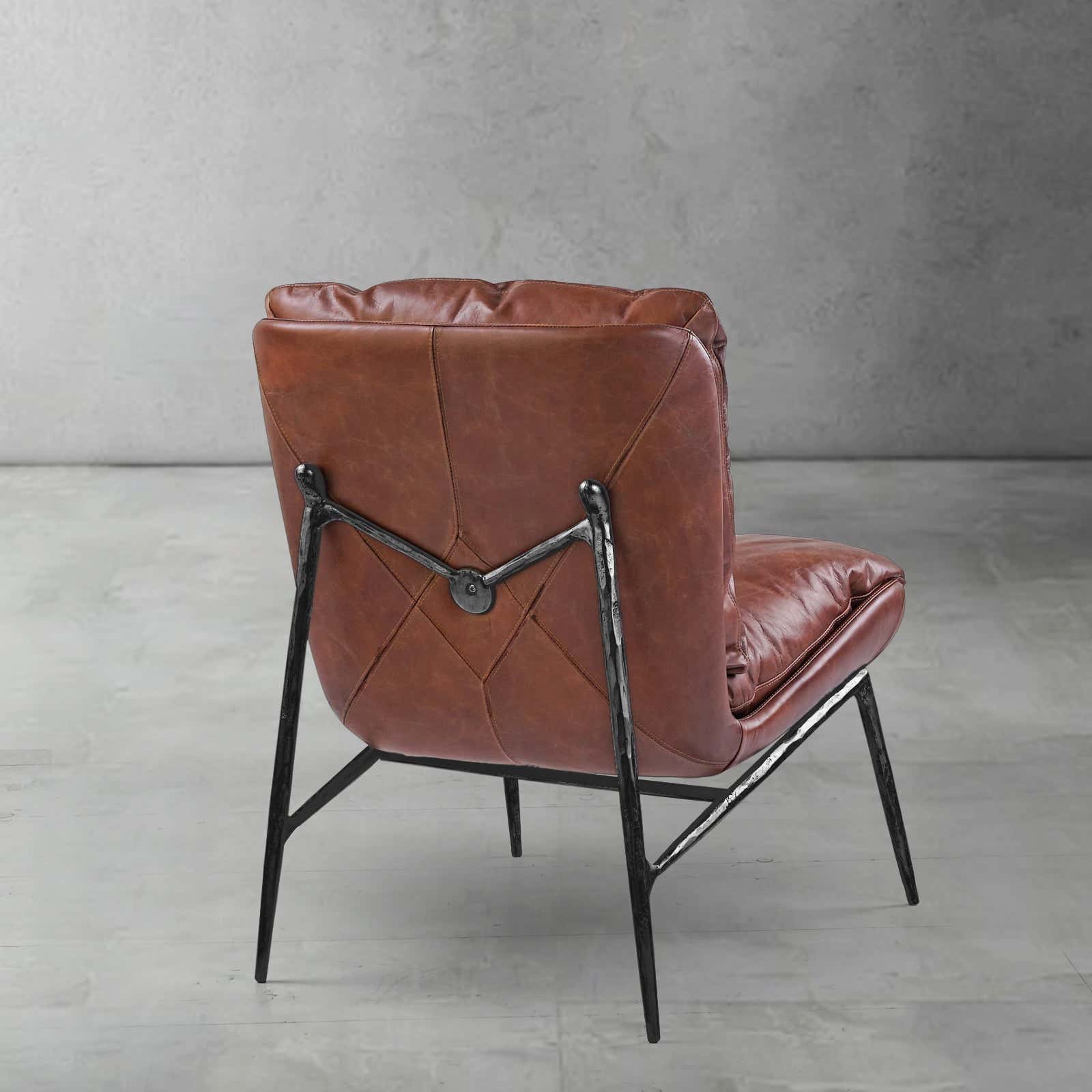 Hand-Forged Metal Vintage Leather Armrest Lounge Chair