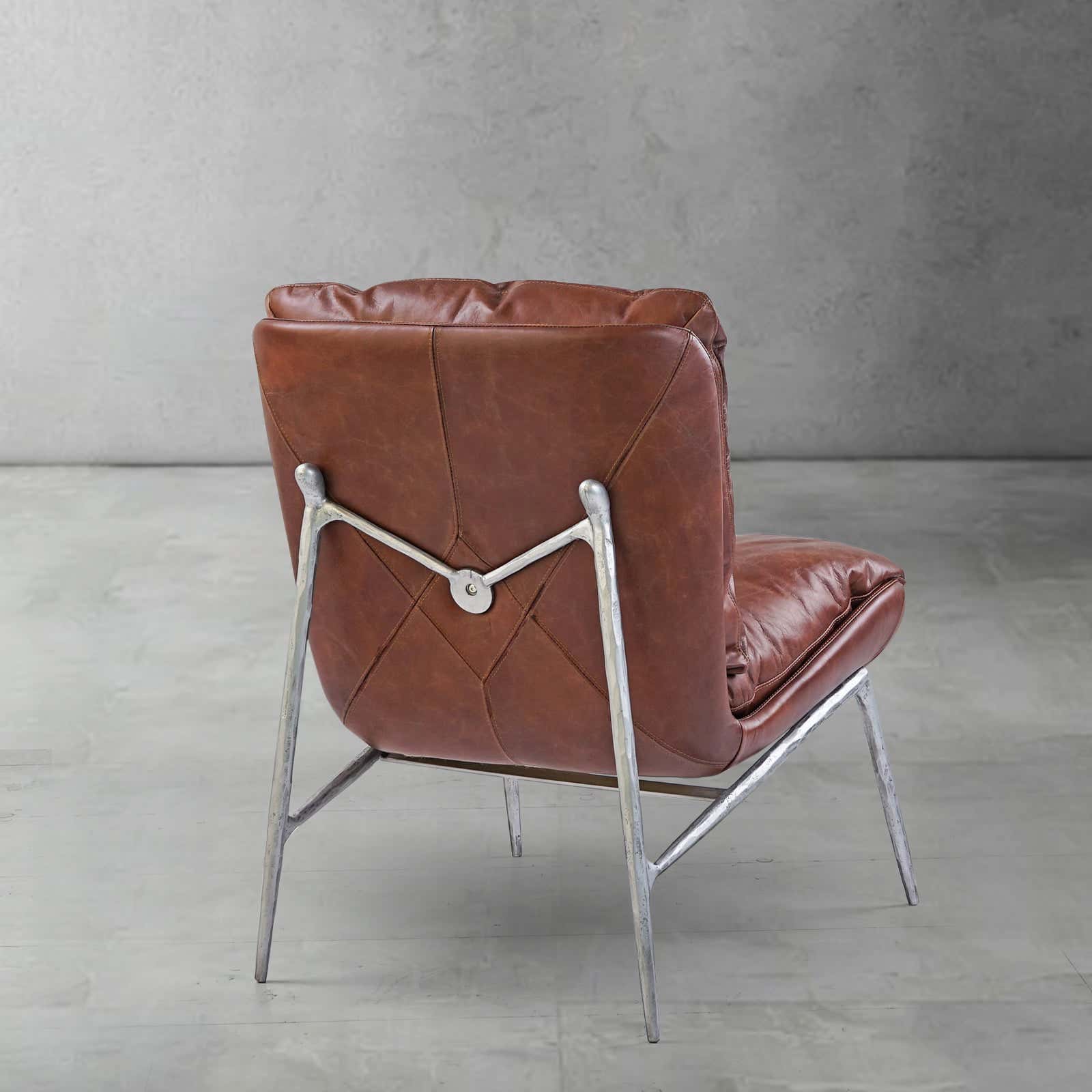 Hand-Forged Metal Vintage Leather Armrest Lounge Chair