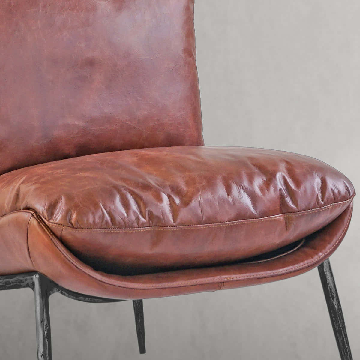 Hand-Forged Metal Vintage Leather Armrest Lounge Chair