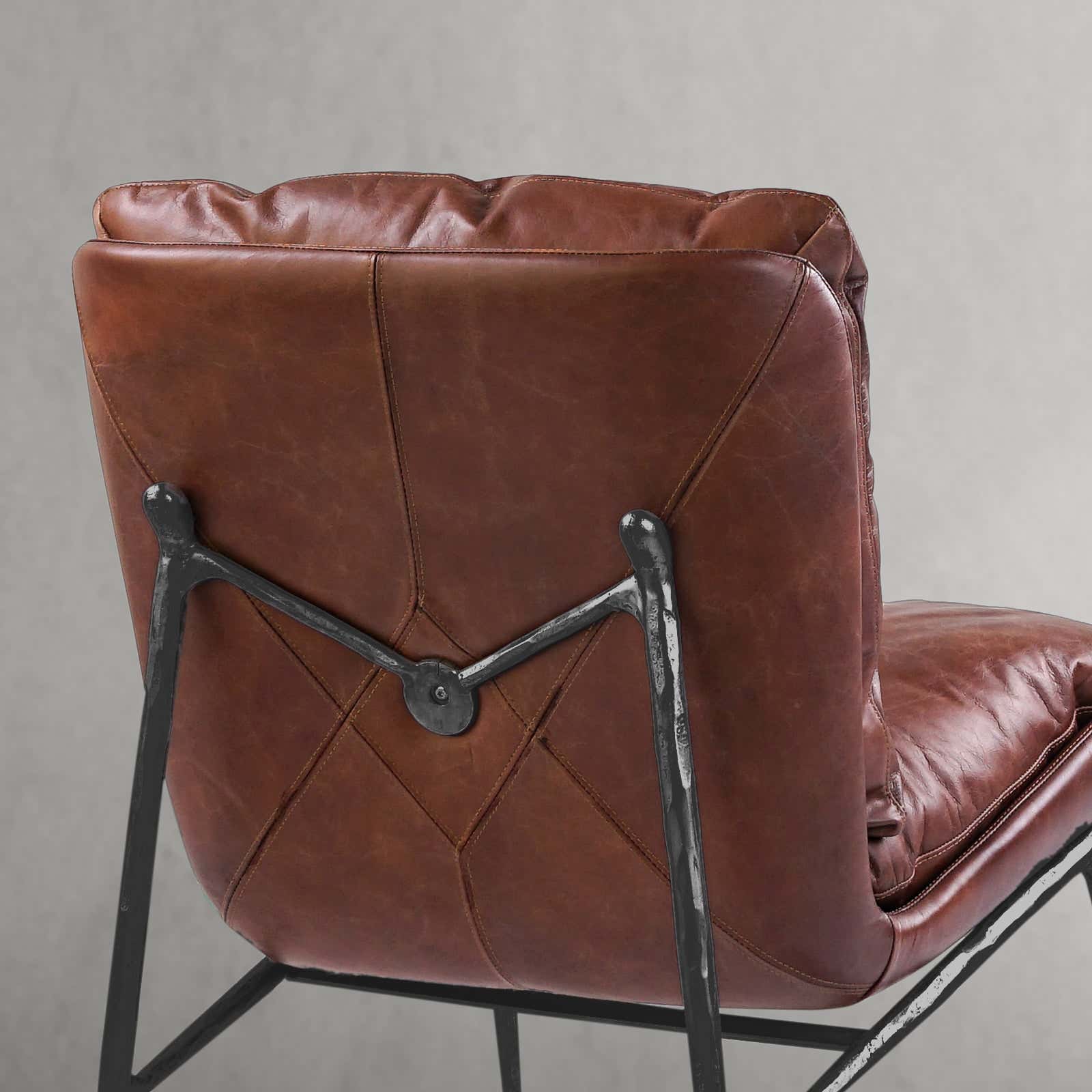 Hand-Forged Metal Vintage Leather Armrest Lounge Chair