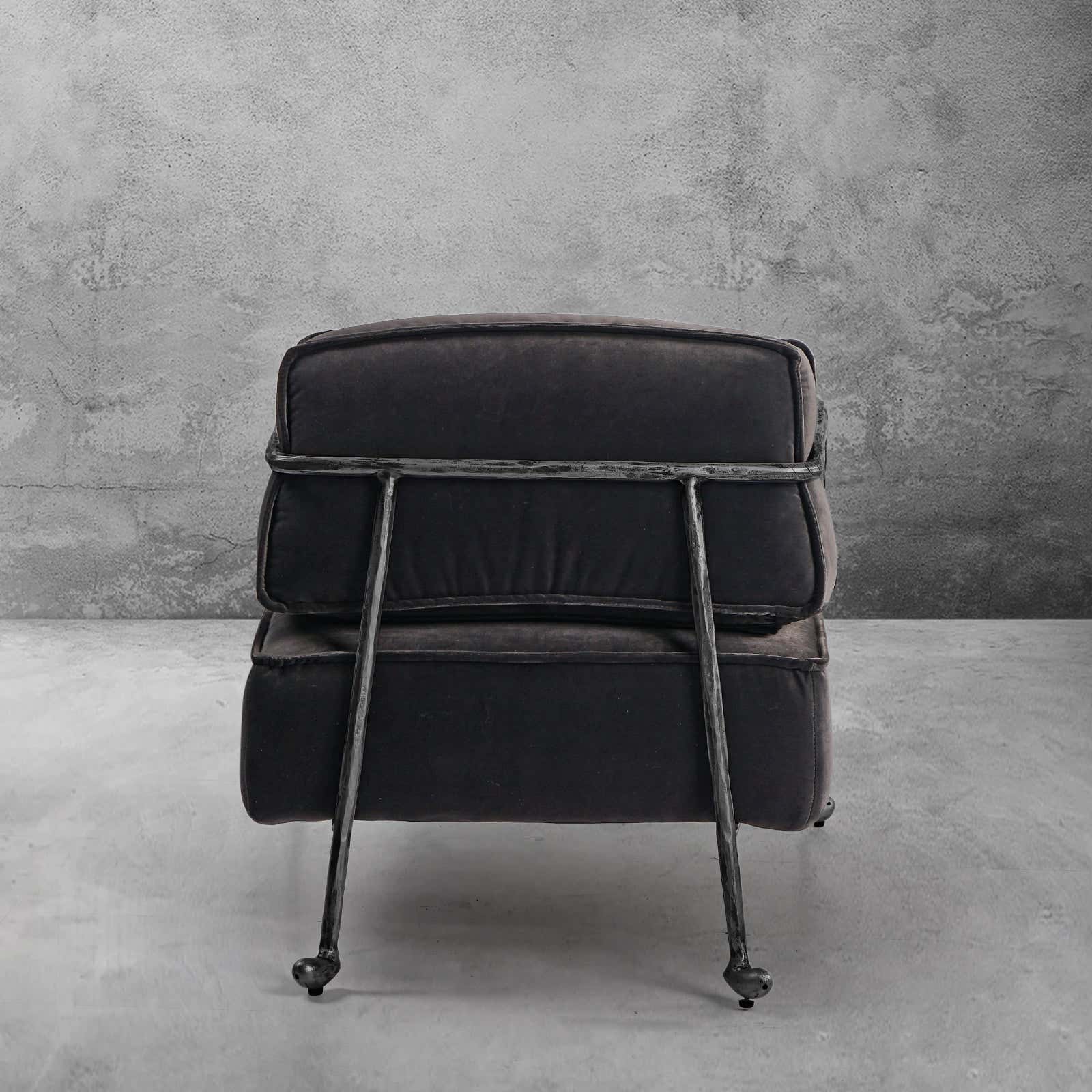 Hand-Forged Metal Gray Velvet Armchair