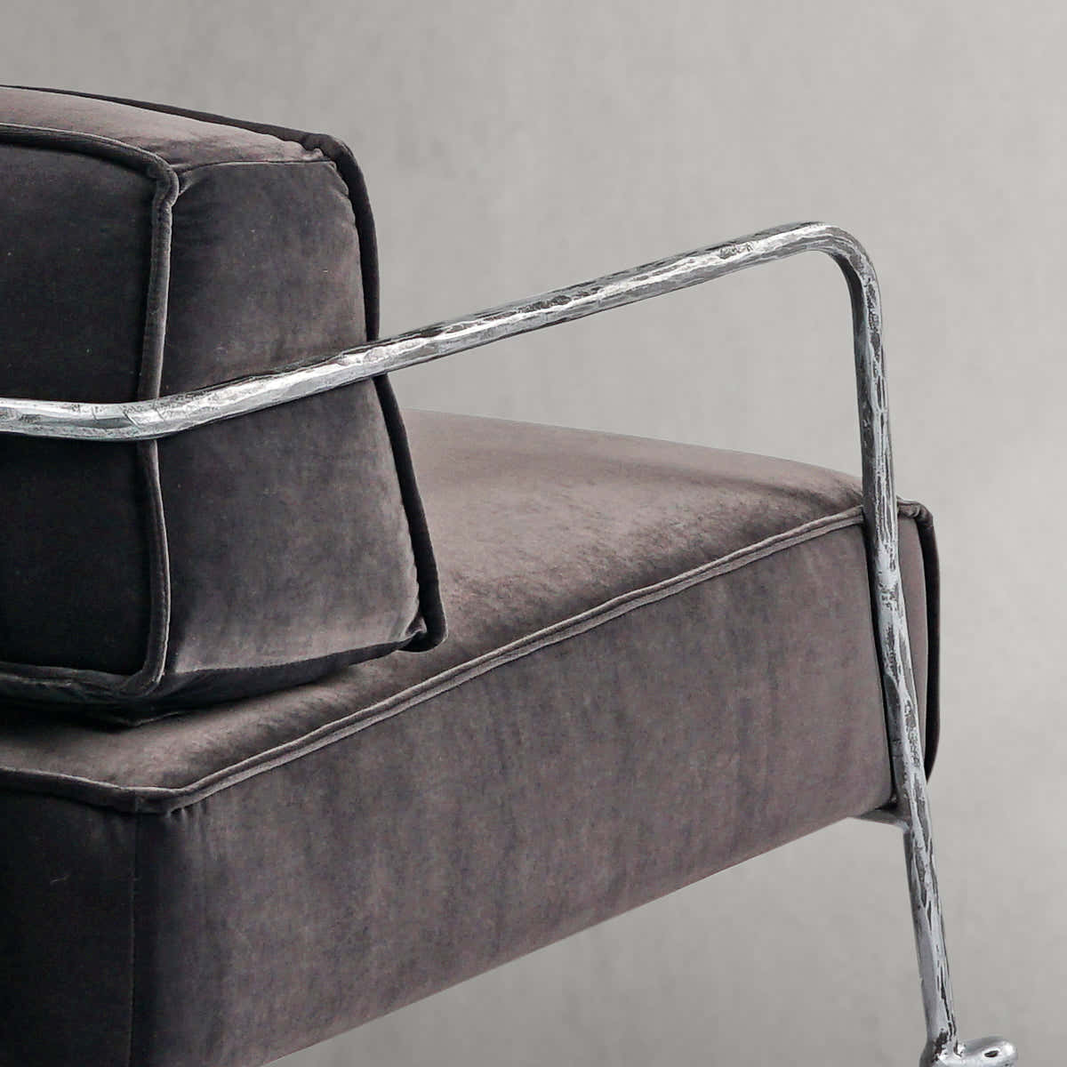 Hand-Forged Metal Gray Velvet Armchair