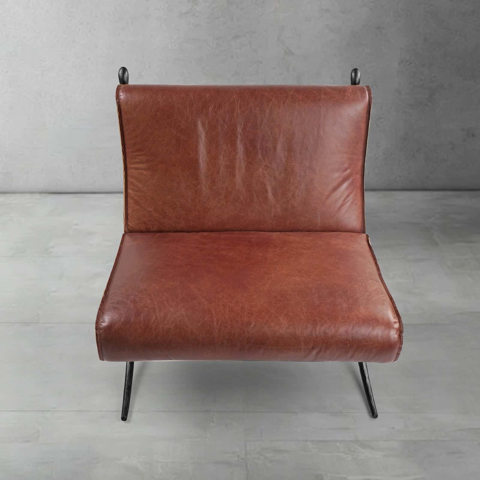 Hand-Forged Metal Vintage Leather Lounge Chair