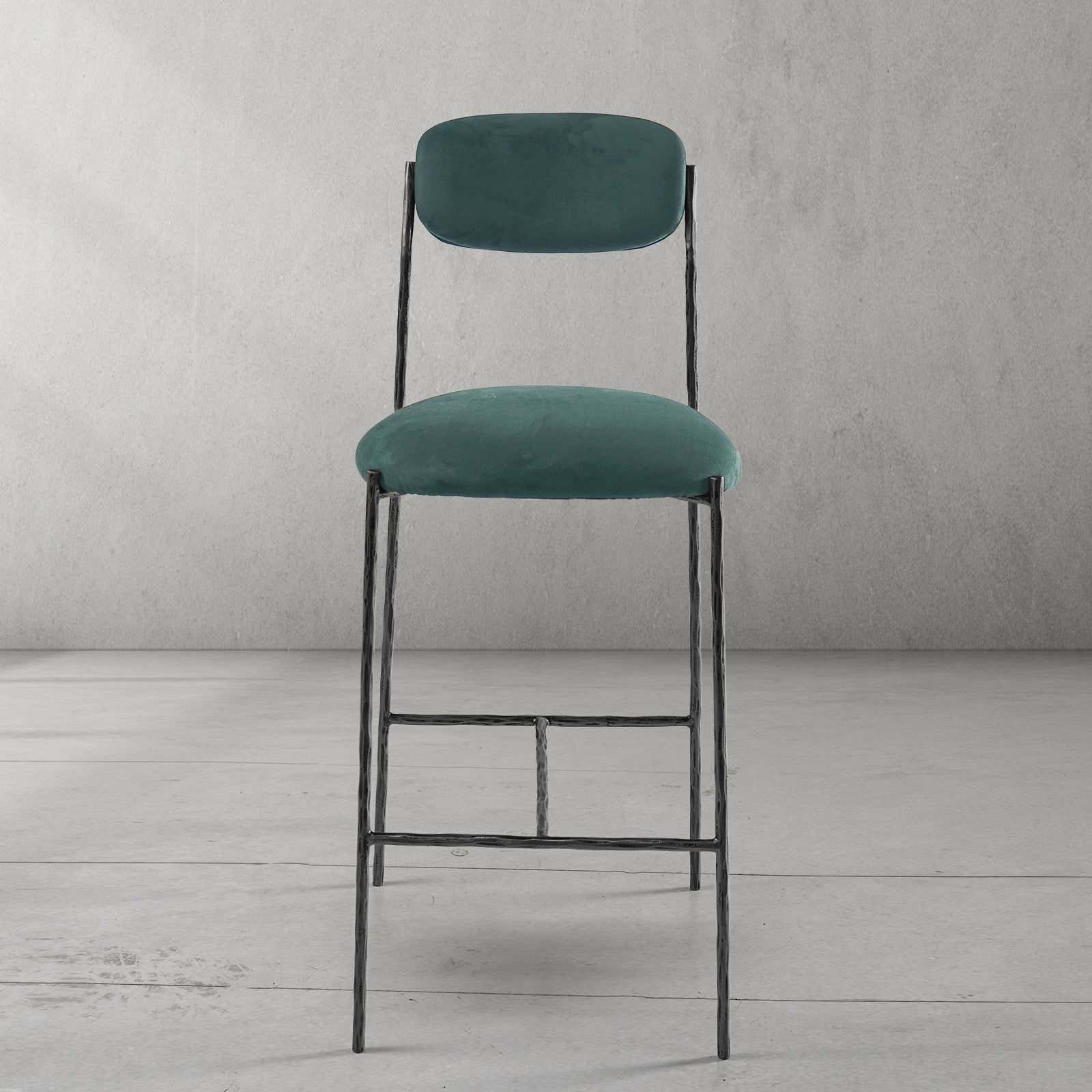 Hand-Forged Metal Green Fabric Bar Stool