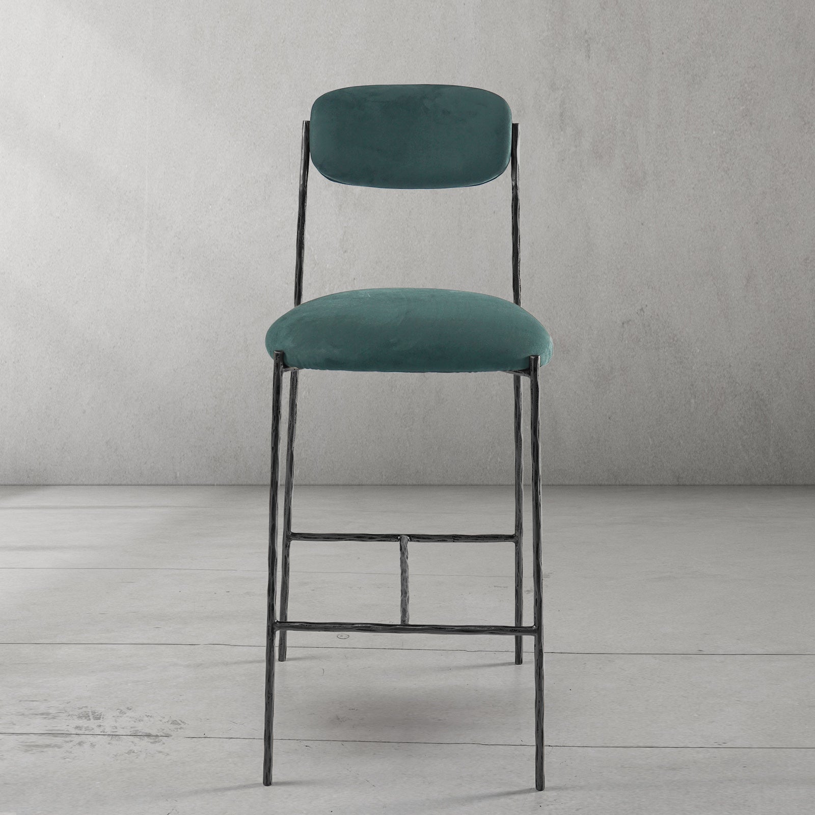 Hand-Forged Metal Green Fabric Bar Stool