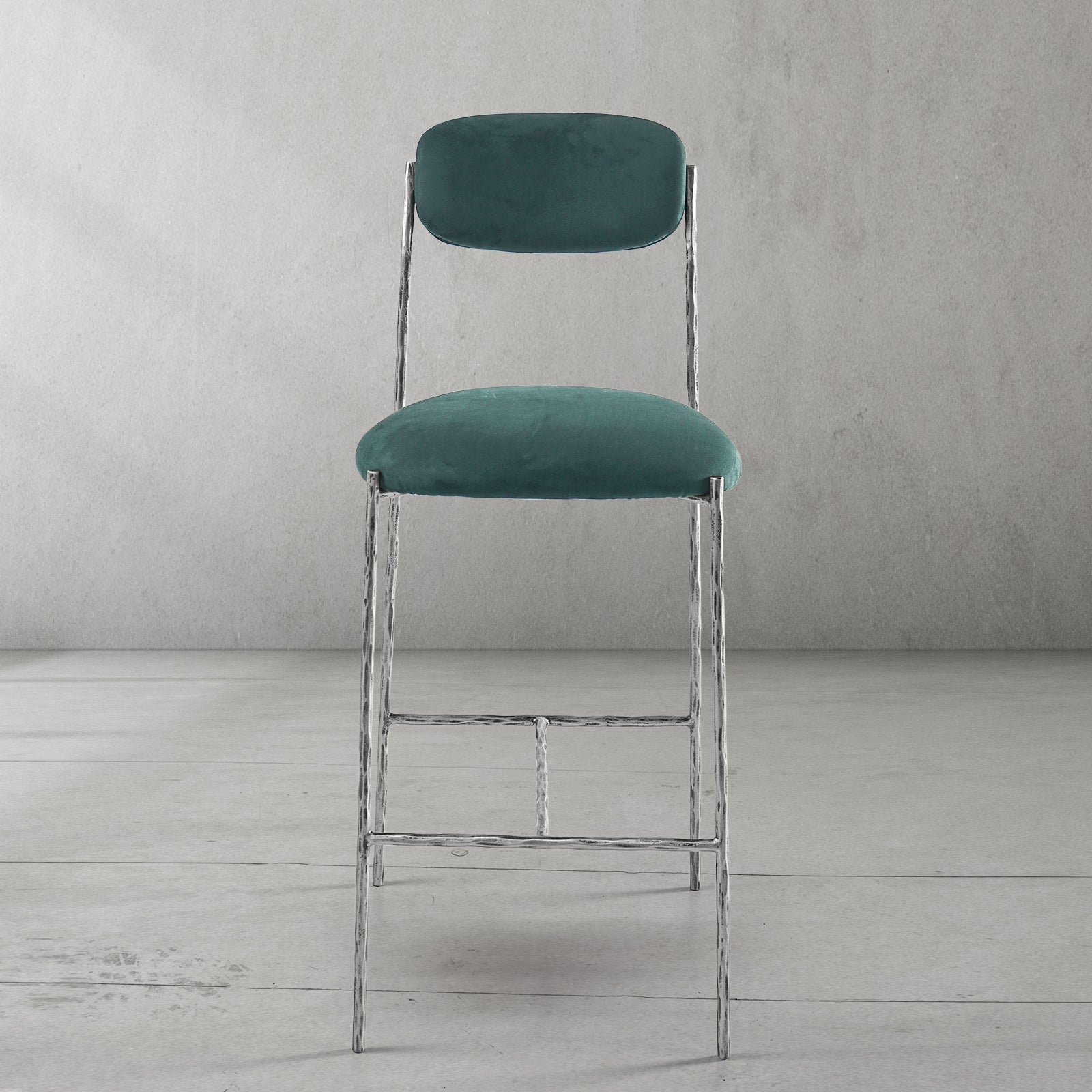 Hand-Forged Metal Green Fabric Bar Stool