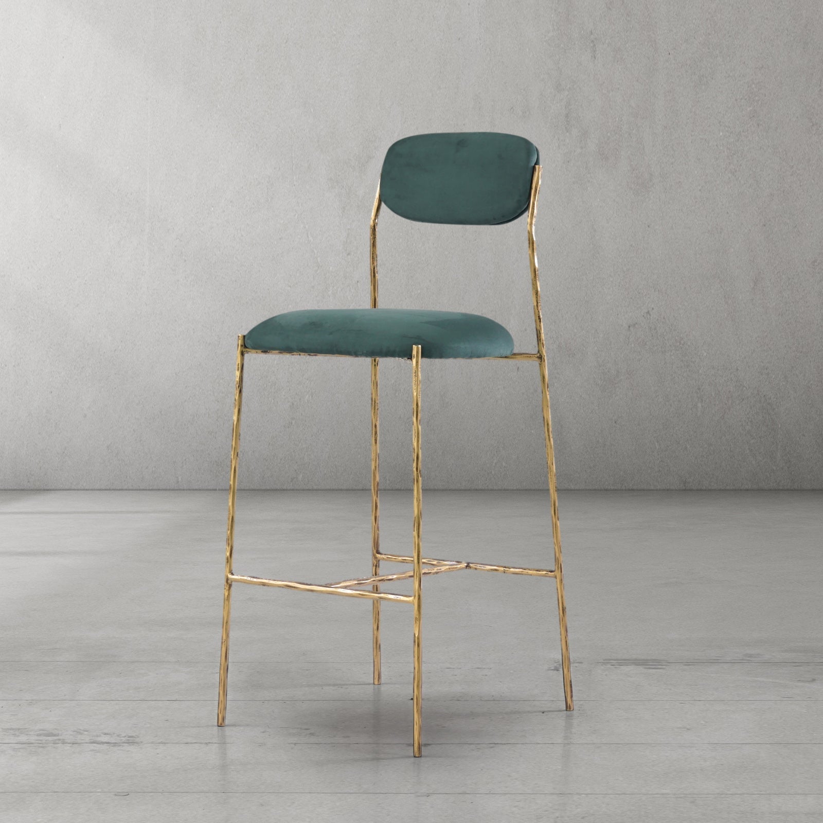 Hand-Forged Metal Green Fabric Bar Stool